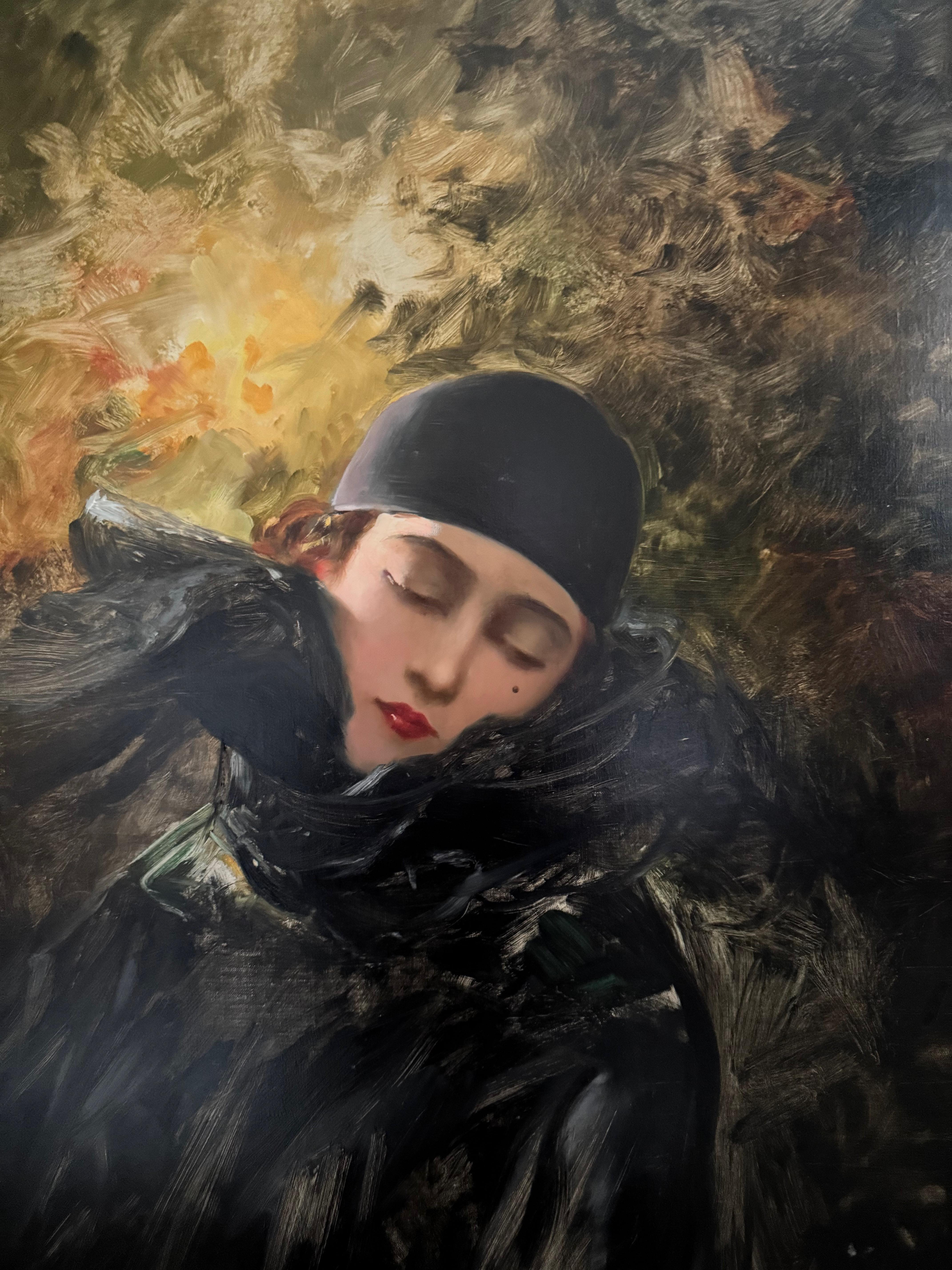 Portrait of a Woman Dressed  with a Black Feather Cape circa 1936 Signed Barchi im Angebot 3