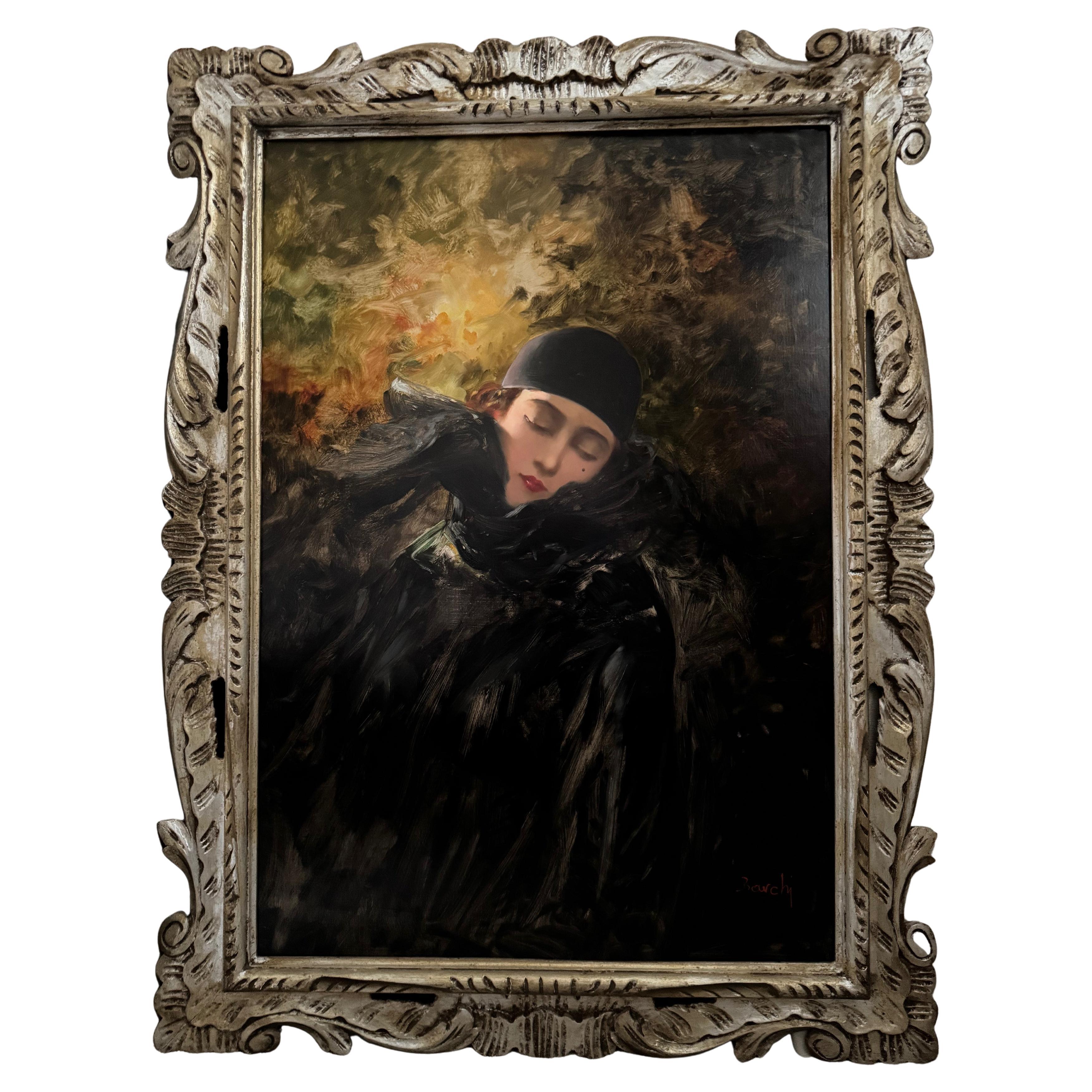 Portrait of a Woman Dressed  with a Black Feather Cape circa 1936 Signed Barchi