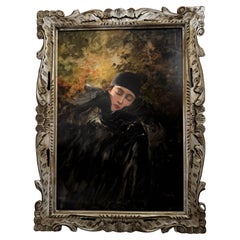 Portrait of a Woman Dressed  with a Black Feather Cape circa 1936 Signed Barchi