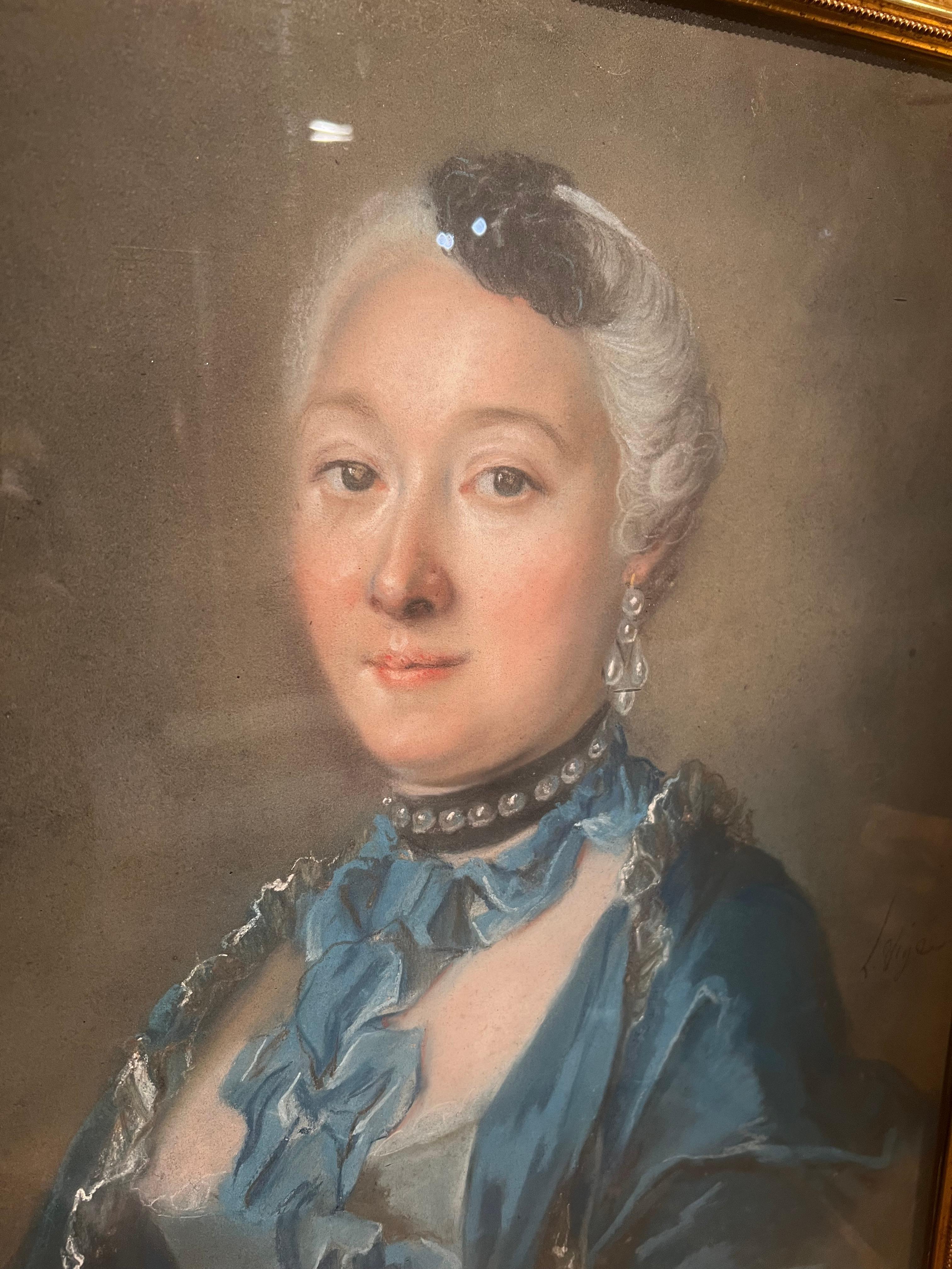 Rococo Portrait of a Woman in a Blue Dress by Louis Vigée – 18th Century Pastel For Sale