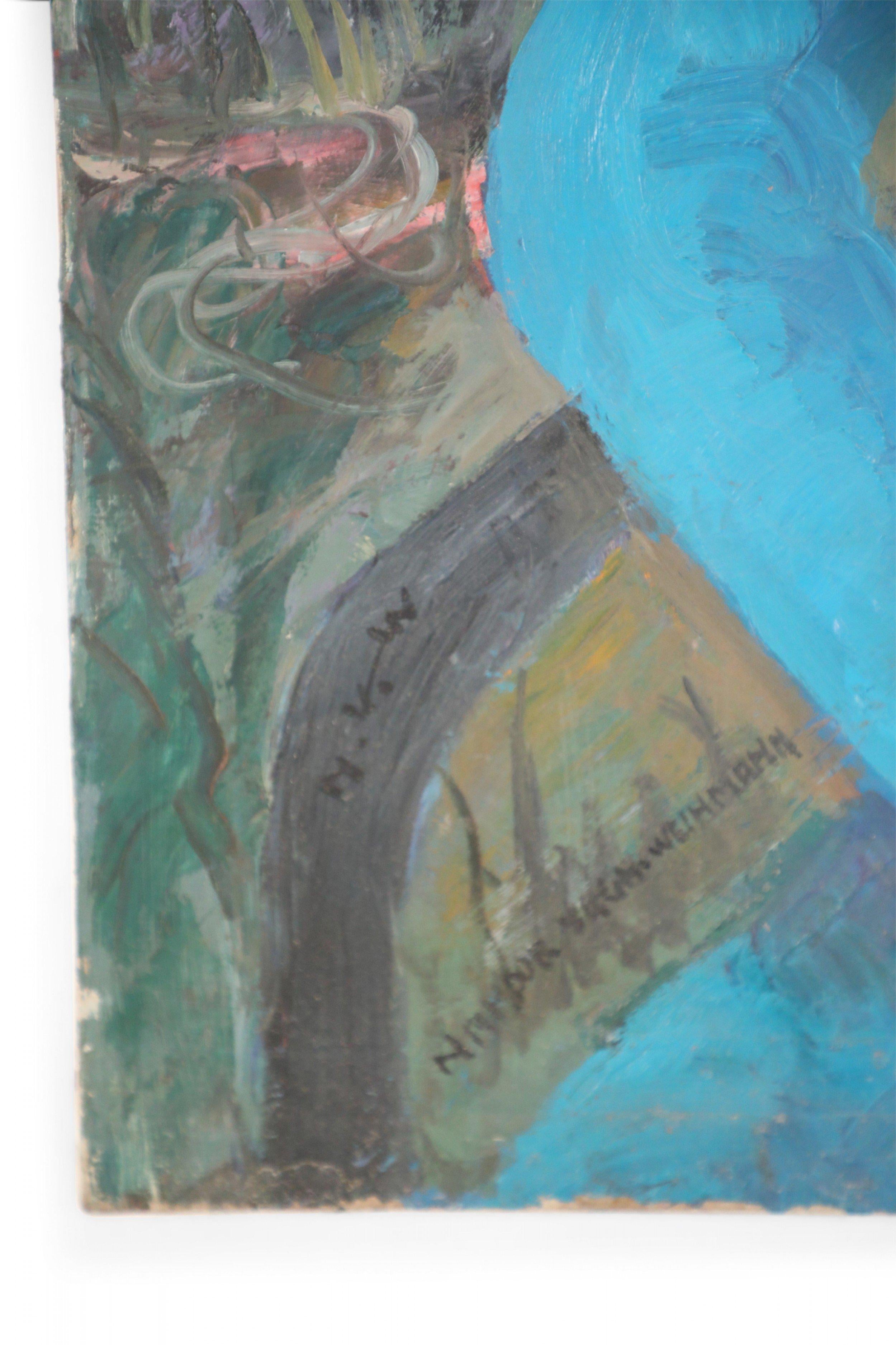 Quadro d'epoca (20° secolo) che ritrae una donna seduta in un abito blu acceso con le mani giunte in grembo, su uno sfondo astratto di terra, cielo e città, su una tela rettangolare non incorniciata

La vernice si stacca nella parte inferiore della