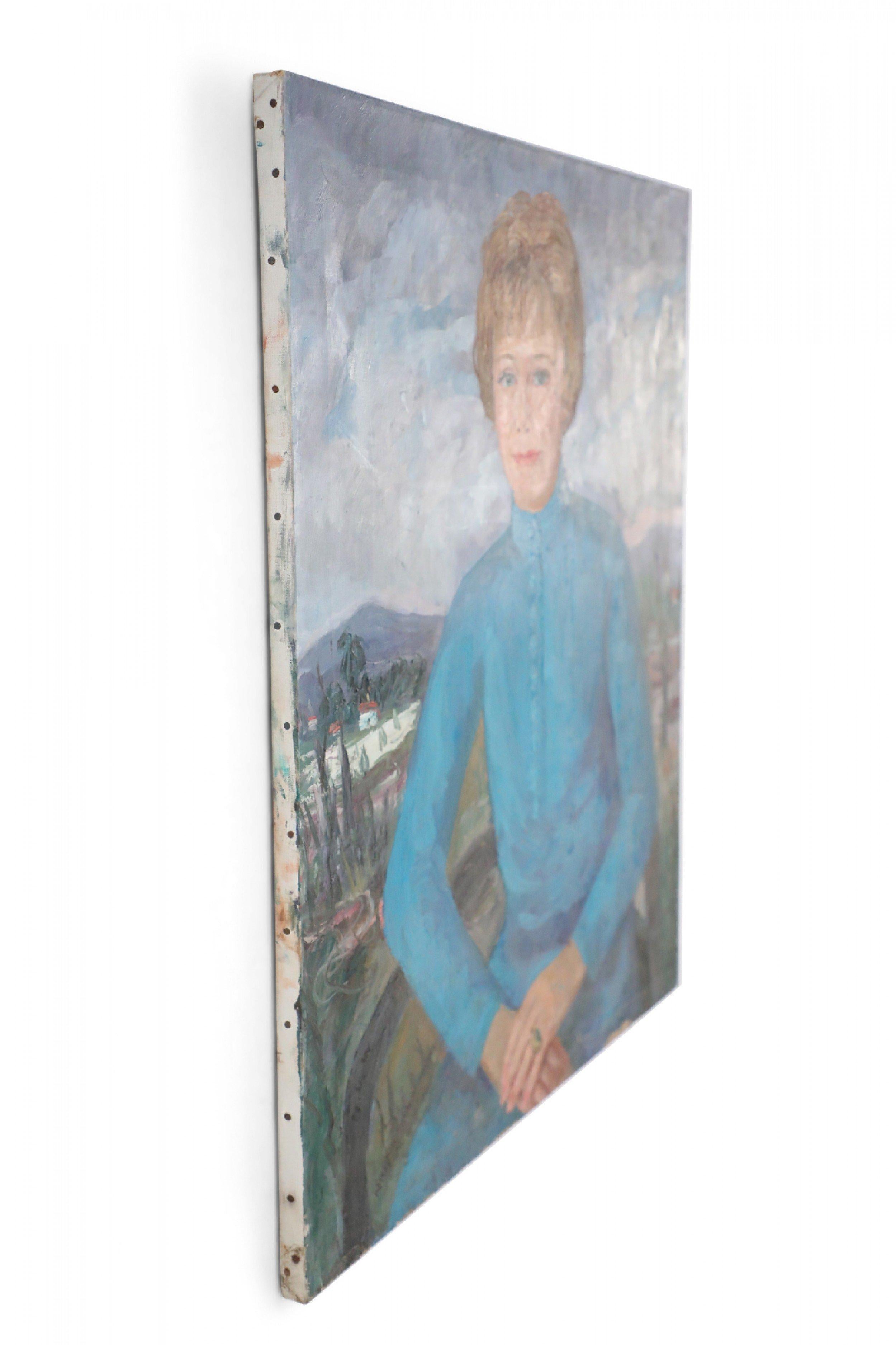 Mid-Century Modern Portrait of a Woman in a Blue Dress Painting on Canvas For Sale