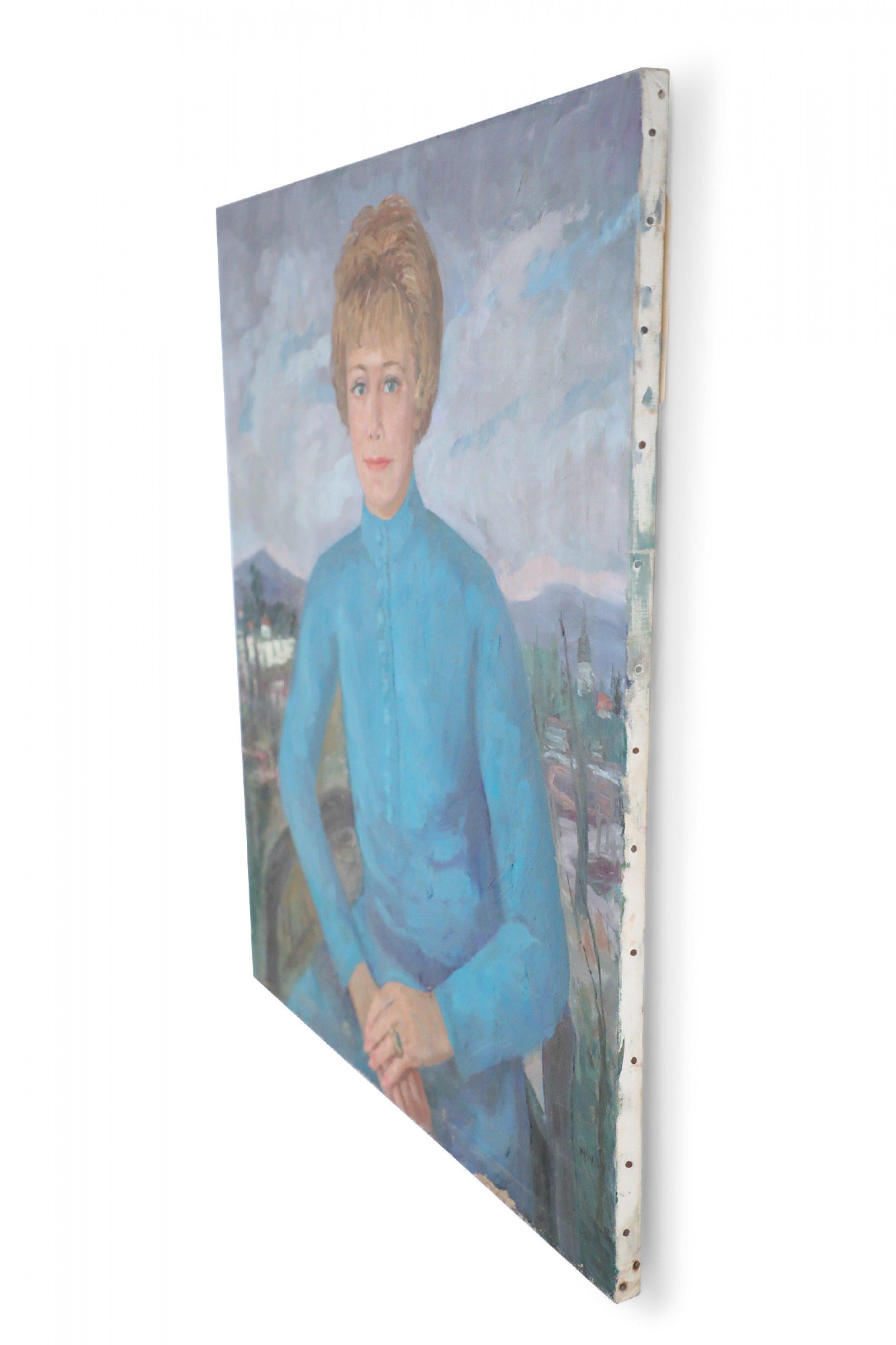 Oiled Portrait of a Woman in a Blue Dress Painting on Canvas For Sale
