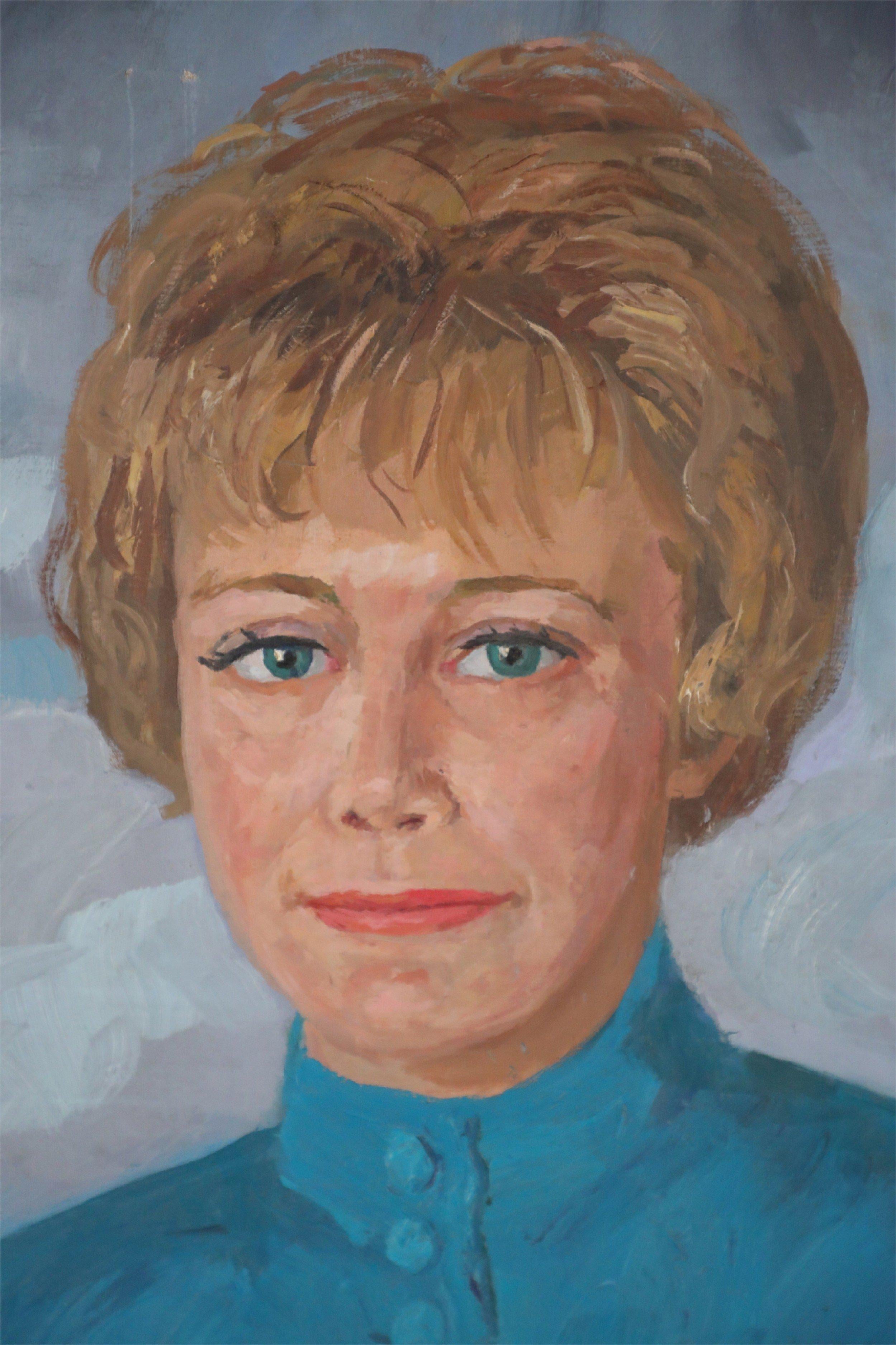 Oiled Portrait of a Woman in a Blue Dress Painting on Canvas For Sale
