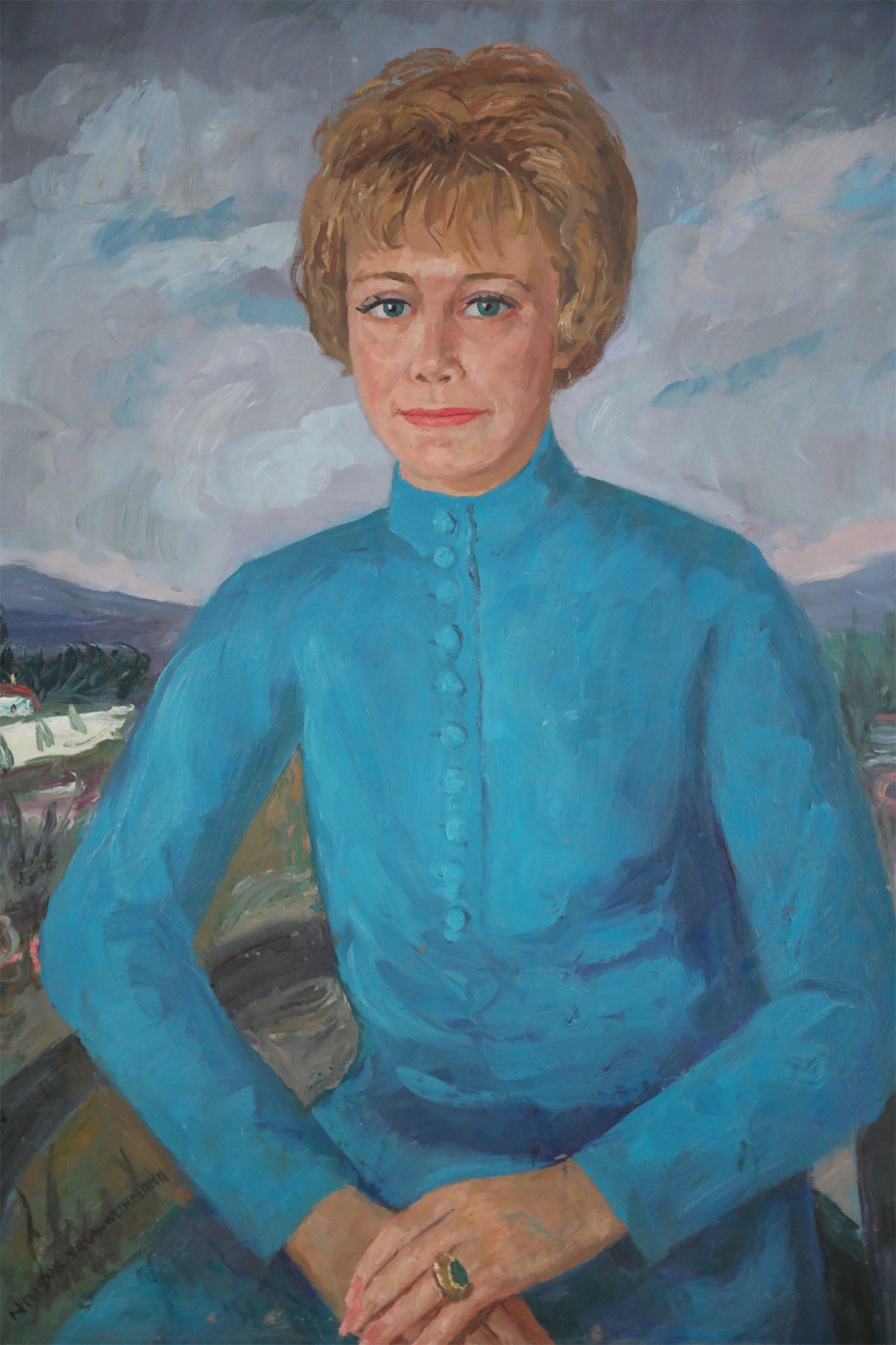 20th Century Portrait of a Woman in a Blue Dress Painting on Canvas For Sale