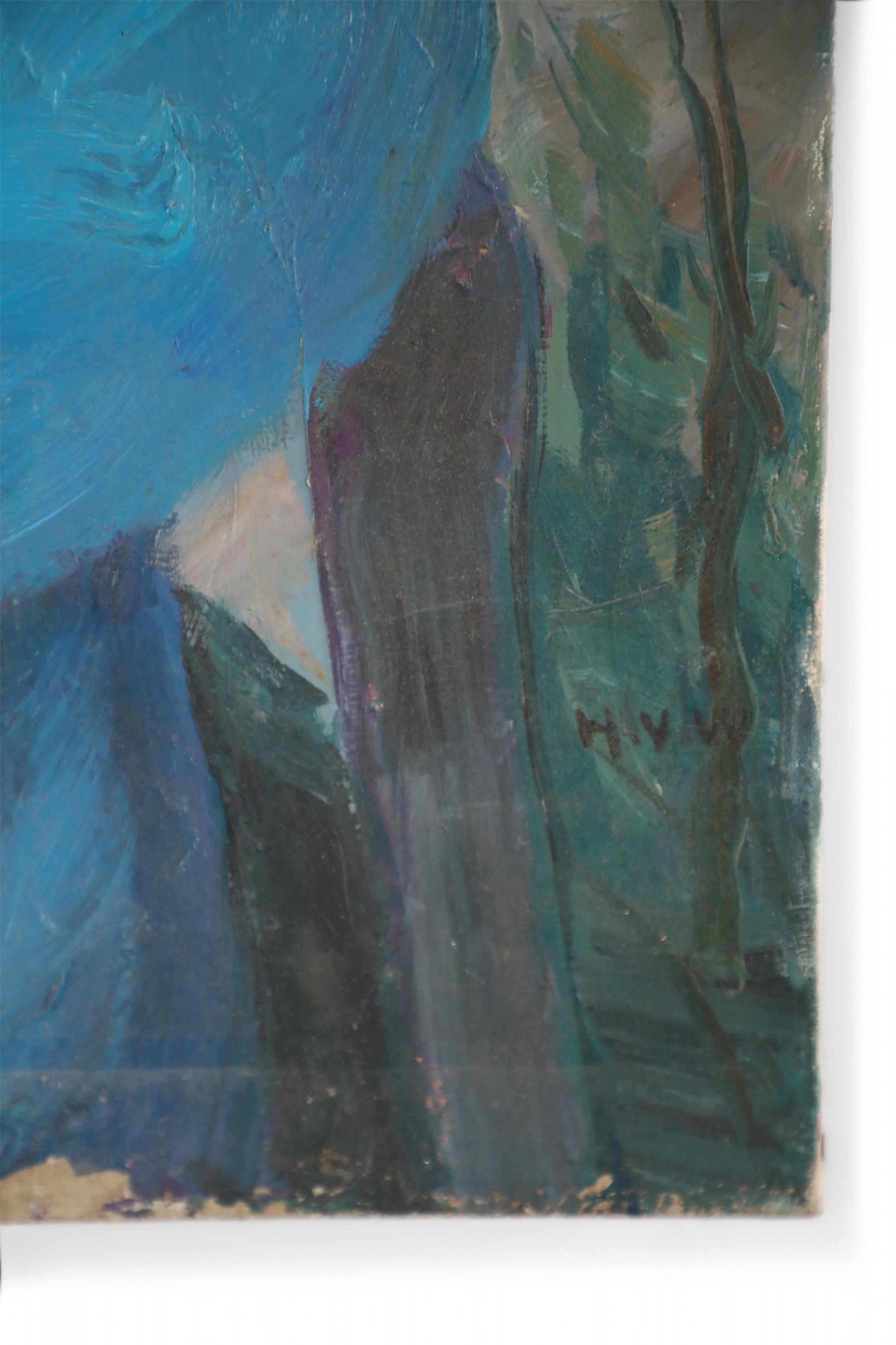 Portrait d'une femme dans une robe bleue, peinture sur toile en vente 1