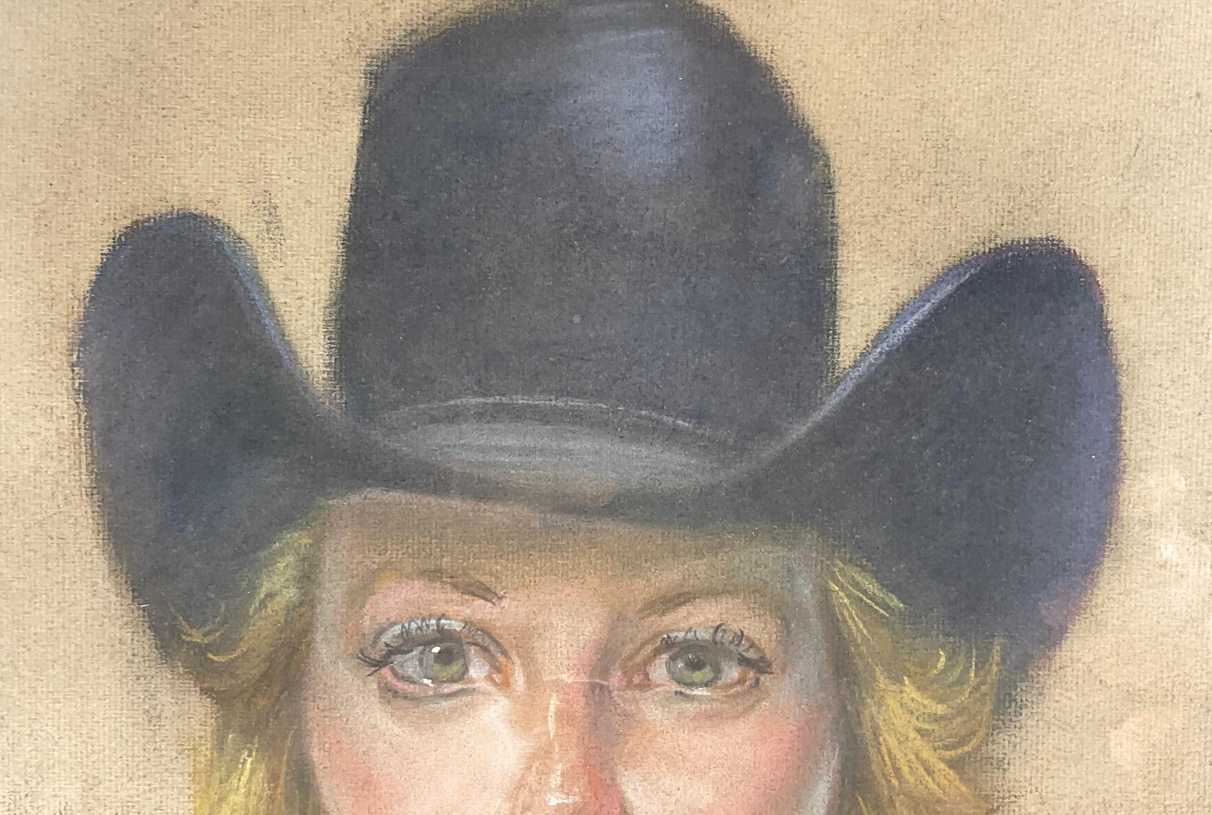 Pittura Ritratto di donna con cappello nero in vendita
