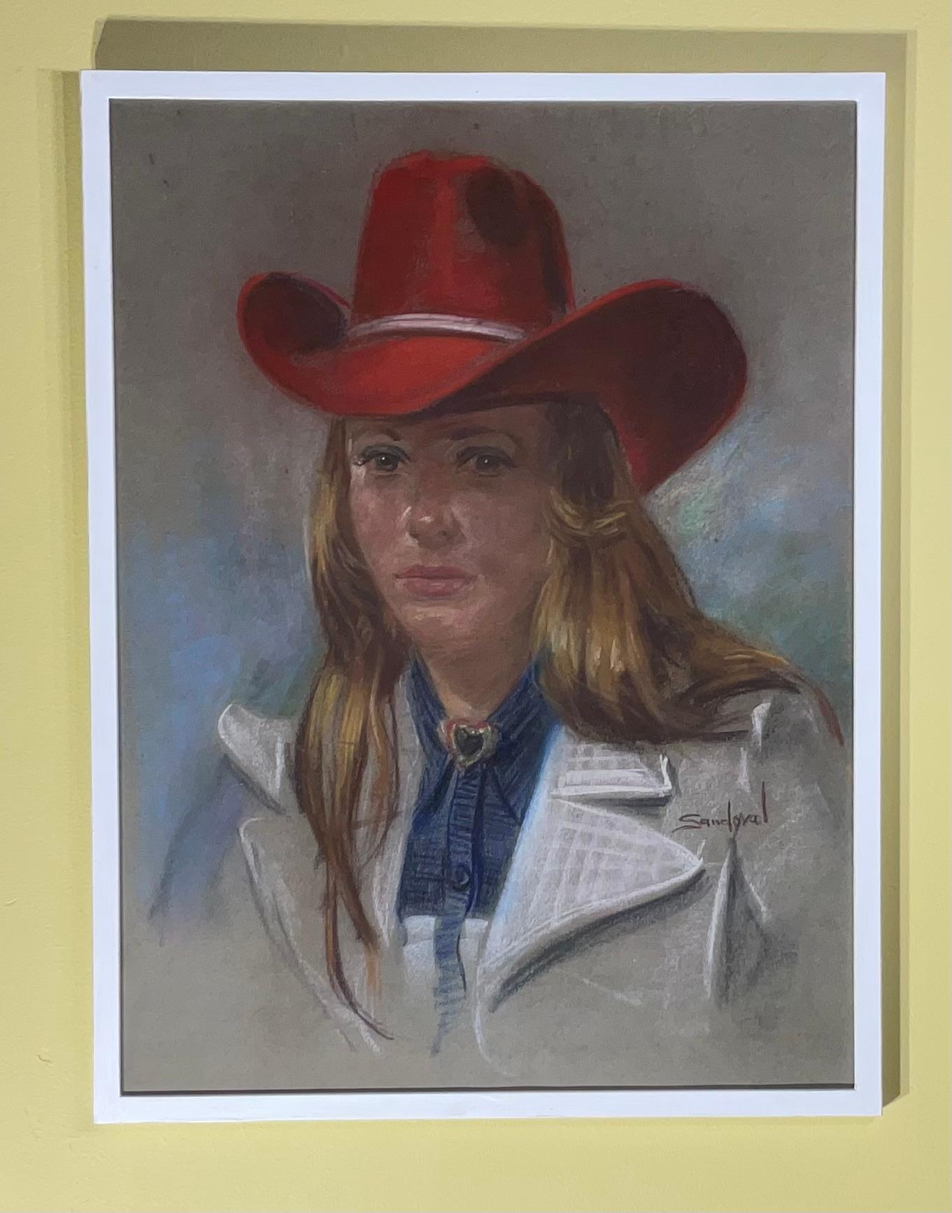  Elegantes Aquarell einer schönen Frau mit rotem Cowboyhut, ursprünglich von einem texanischen Künstler gemalt, signiert.
Schöner handbemalter Holzrahmen mit schützendem Acrylglas.
Große dekorative amerikanische Künstlermalerei.
