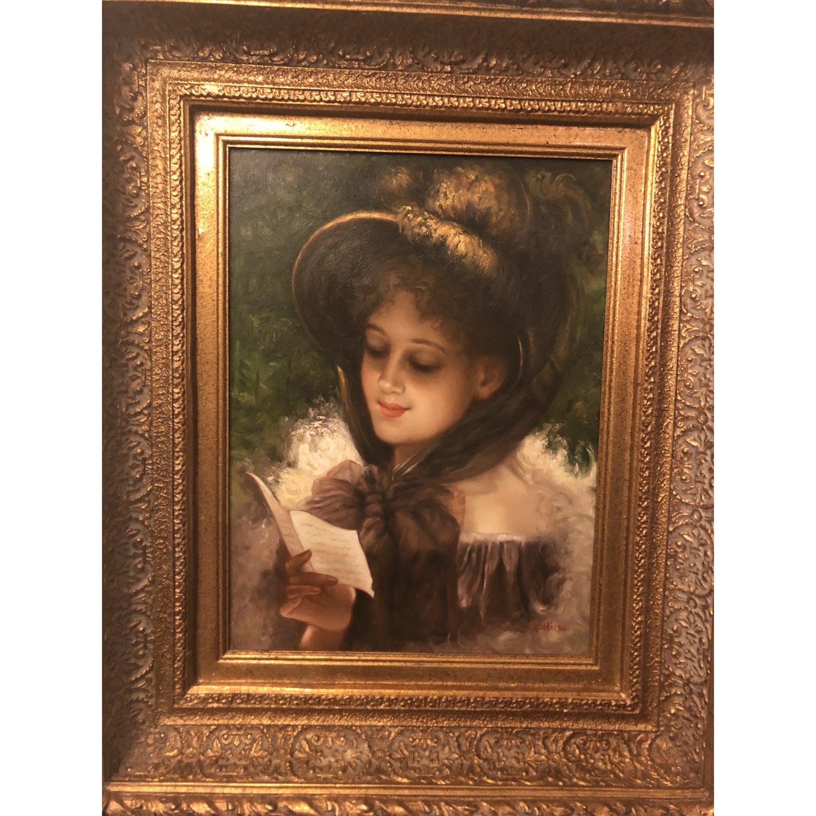 The oil on canvas portrait of woman reading features an amazing handcrafted gilt wood frame. The painting is signed by the artist.

Dimensions:
Framed: 26