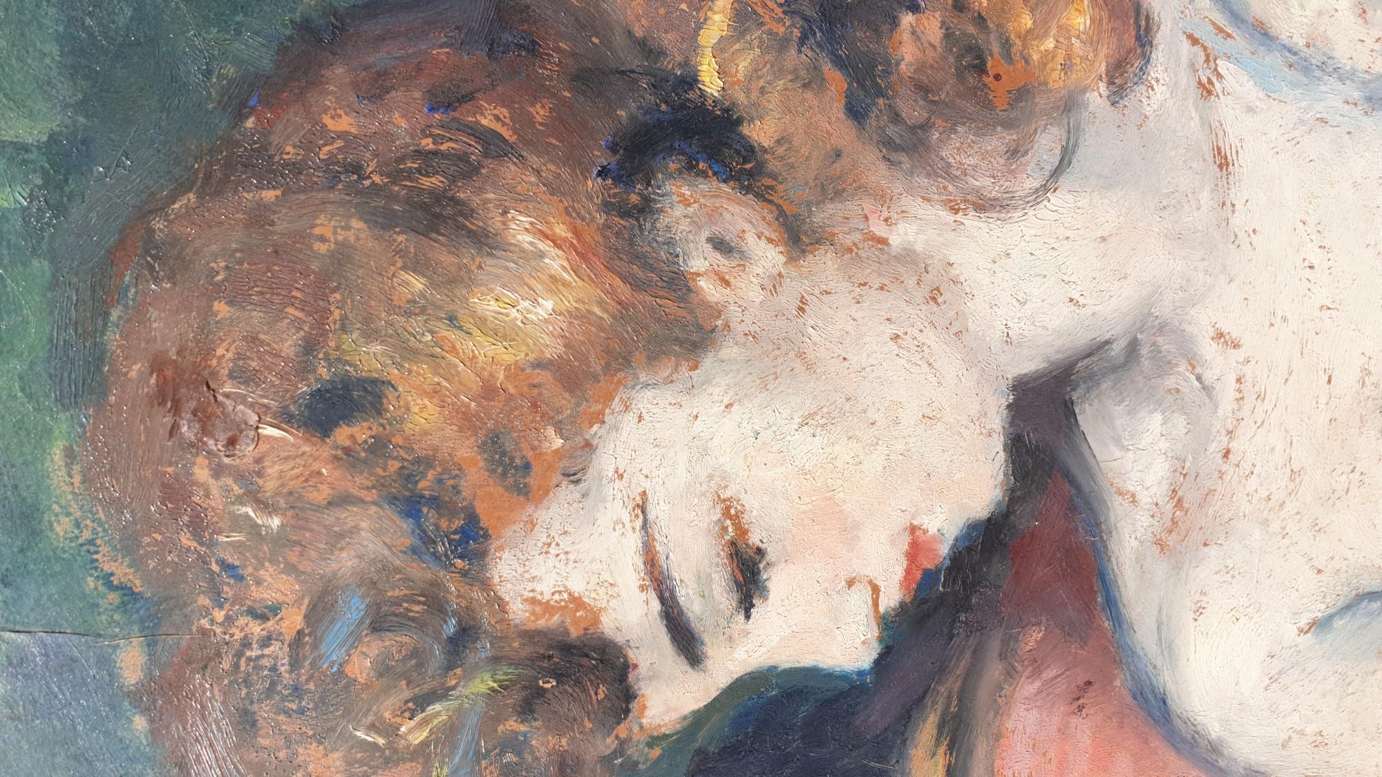 Portrait of a red-haired woman, hair tied up, seated 3/4, looking at her gold bracelet  

Oil on hardboard, 1950s? unsigned  

Frame with laurel leaves  

Good general condition  

Dimensions with frame: 80 x 100cm 
Dimensions on view: 63 x 81cm