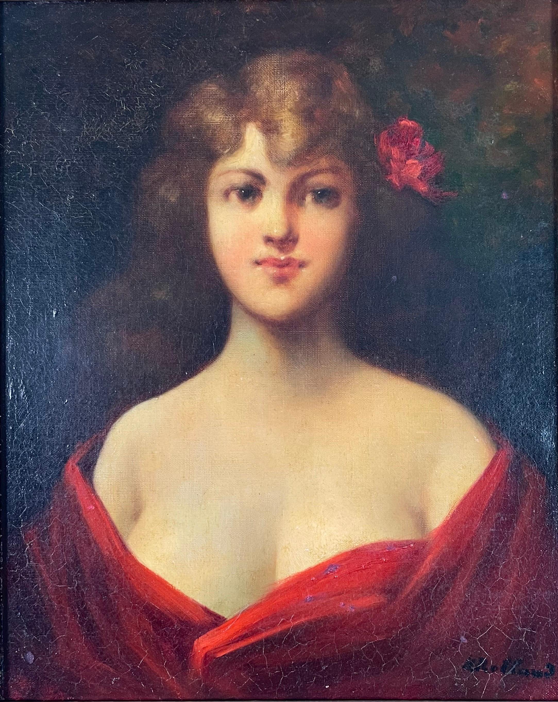 Art Nouveau Portrait of À Woman Painting Oil on Panel 19th Century Signed Rolland Framed For Sale