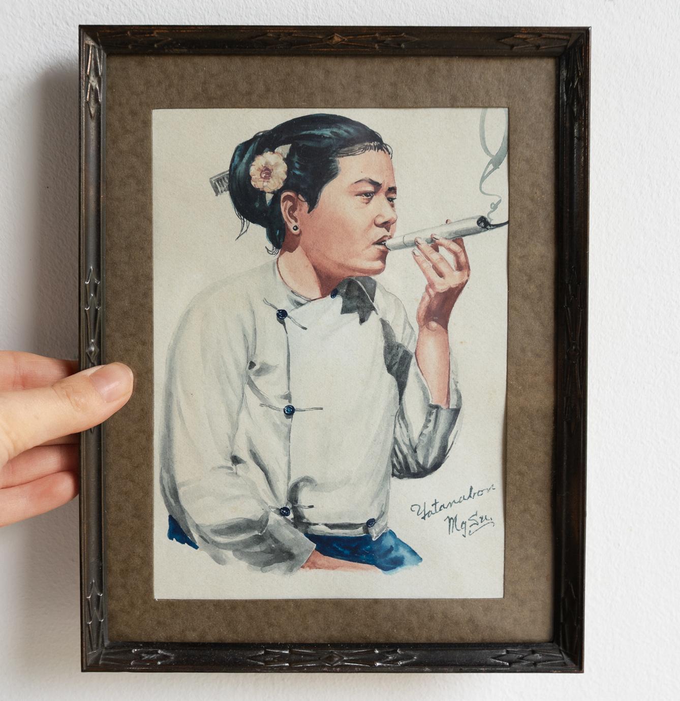 Portrait Of A Woman Smoking By Yatanabon Maung Su, Original Watercolour Painting For Sale 3