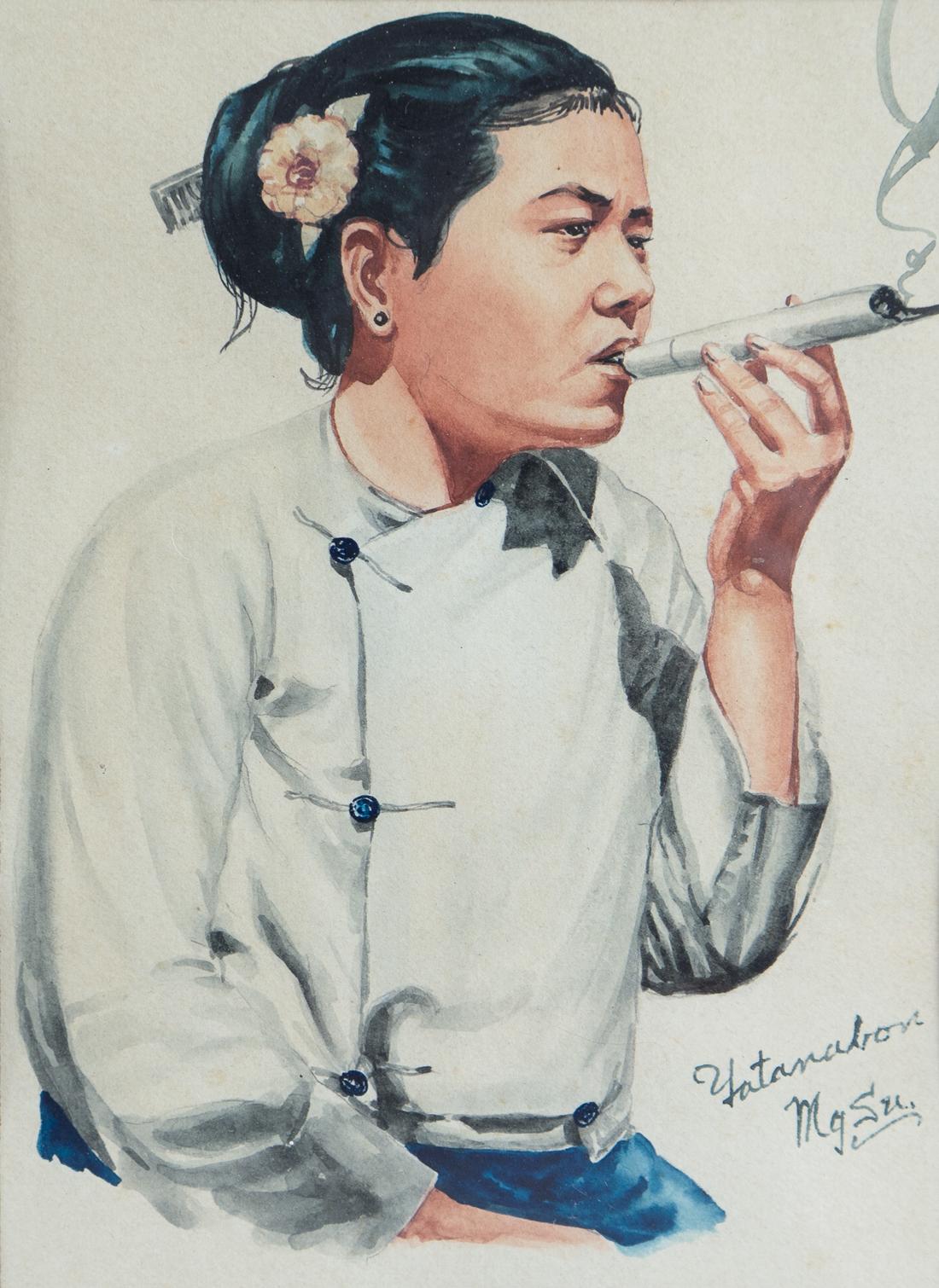 Burmese Portrait Of A Woman Smoking By Yatanabon Maung Su, Original Watercolour Painting For Sale