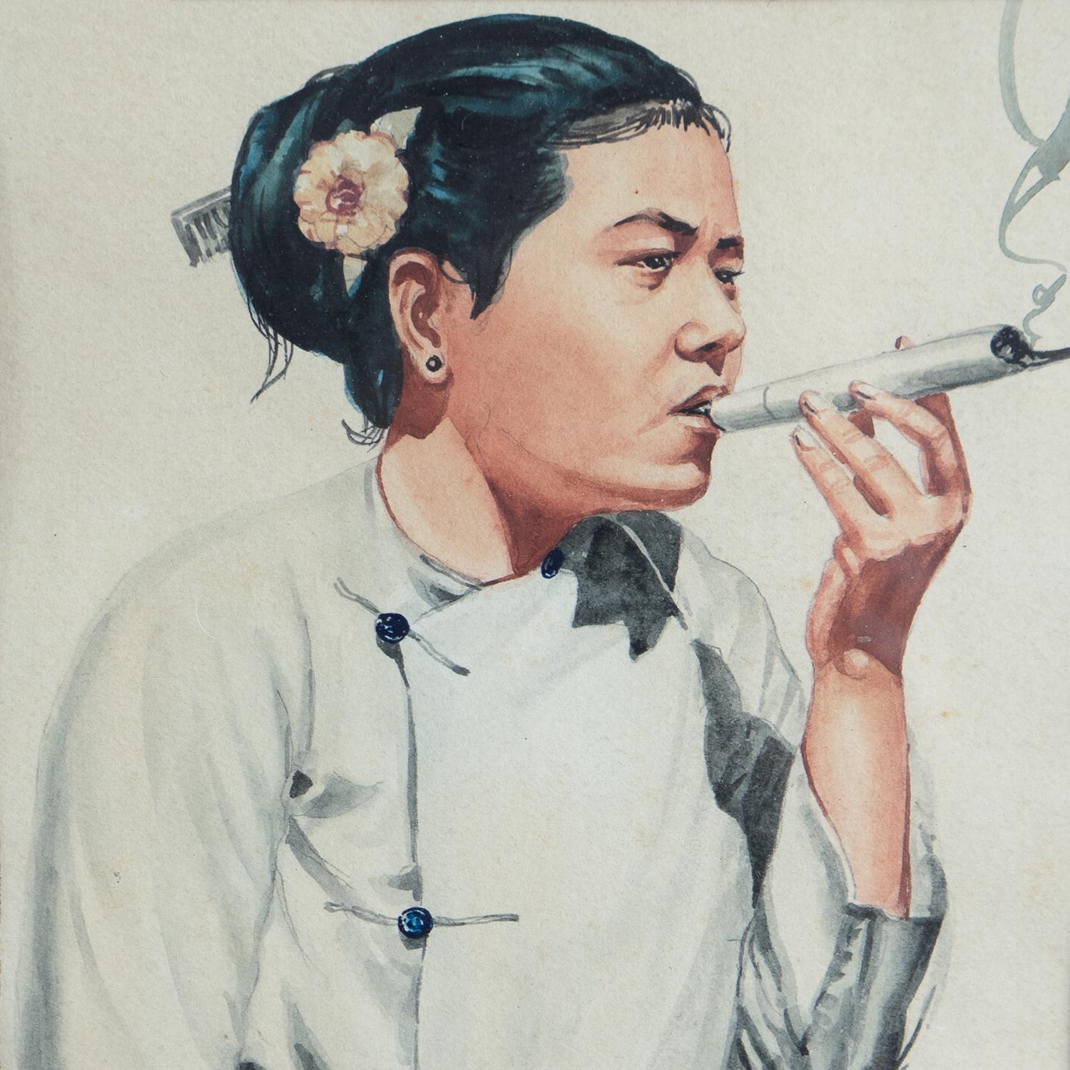 Hand-Painted Portrait Of A Woman Smoking By Yatanabon Maung Su, Original Watercolour Painting For Sale
