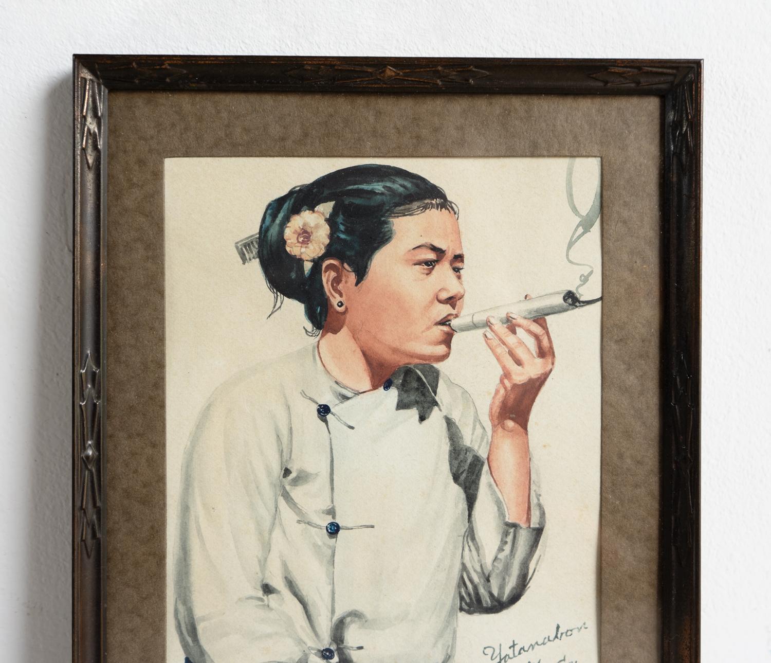 20th Century Portrait Of A Woman Smoking By Yatanabon Maung Su, Original Watercolour Painting For Sale