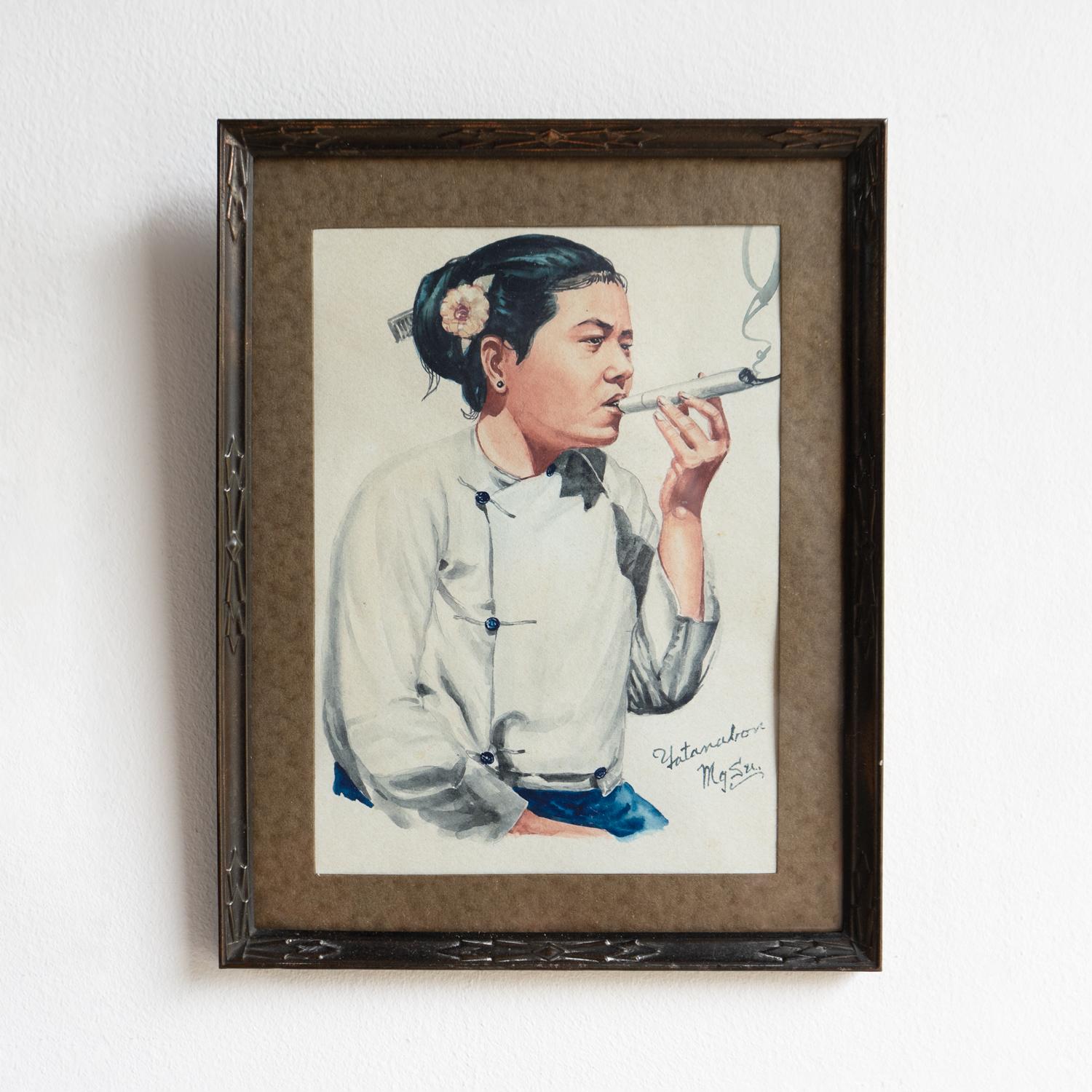 Glass Portrait Of A Woman Smoking By Yatanabon Maung Su, Original Watercolour Painting For Sale