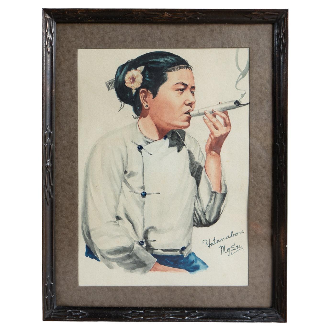 Portrait Of A Woman Smoking By Yatanabon Maung Su, Original Watercolour Painting For Sale