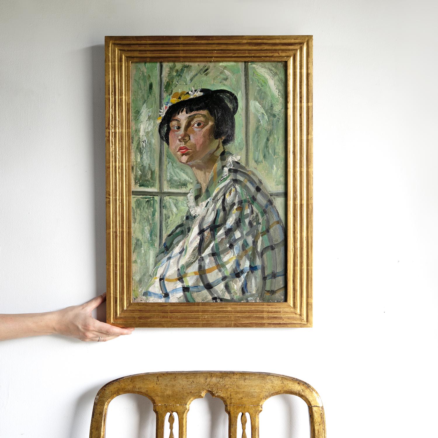 Ritratto di una donna con un bob, pittura a olio originale d'epoca, Scozia, anni '30 3