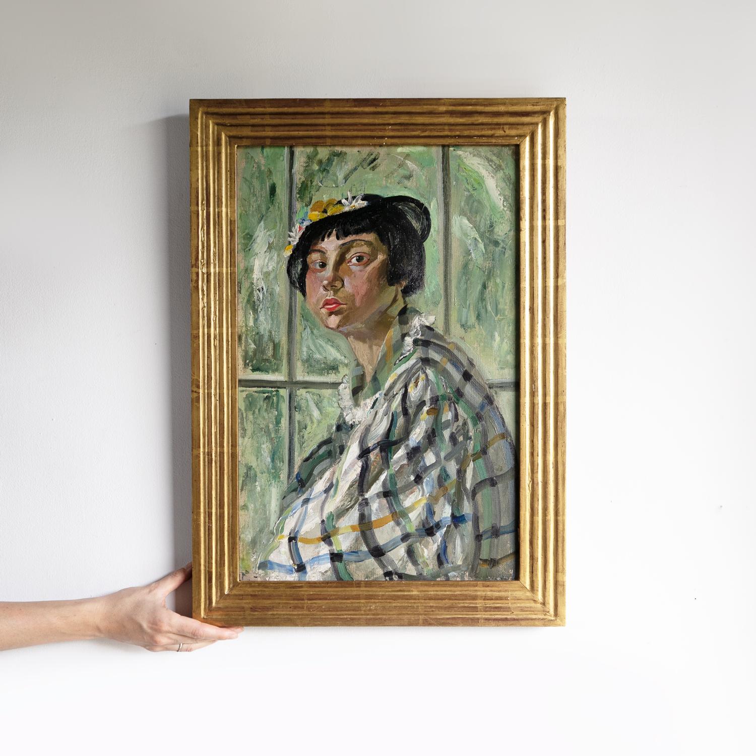 Ritratto di una donna con un bob, pittura a olio originale d'epoca, Scozia, anni '30 4