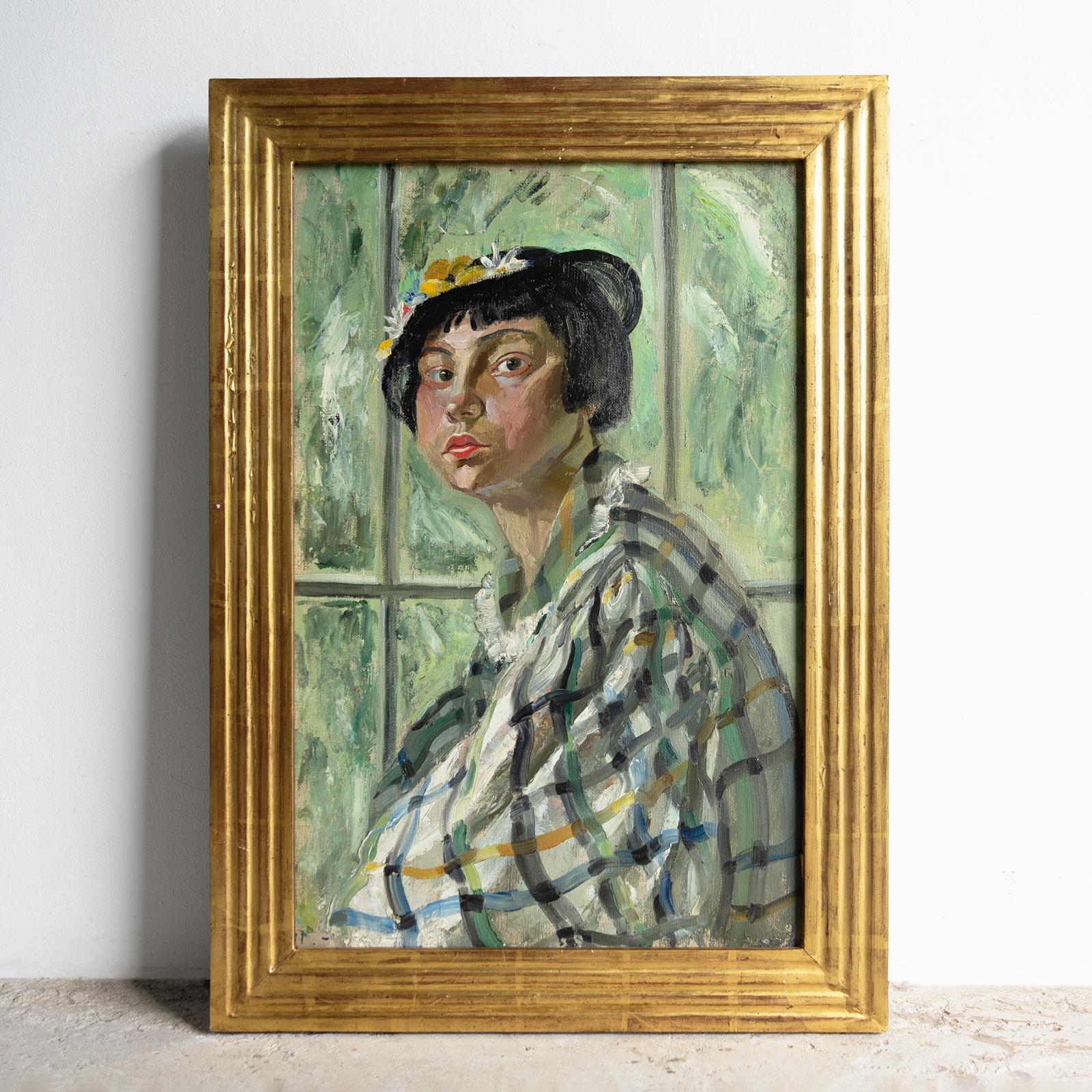 Dorato Ritratto di una donna con un bob, pittura a olio originale d'epoca, Scozia, anni '30