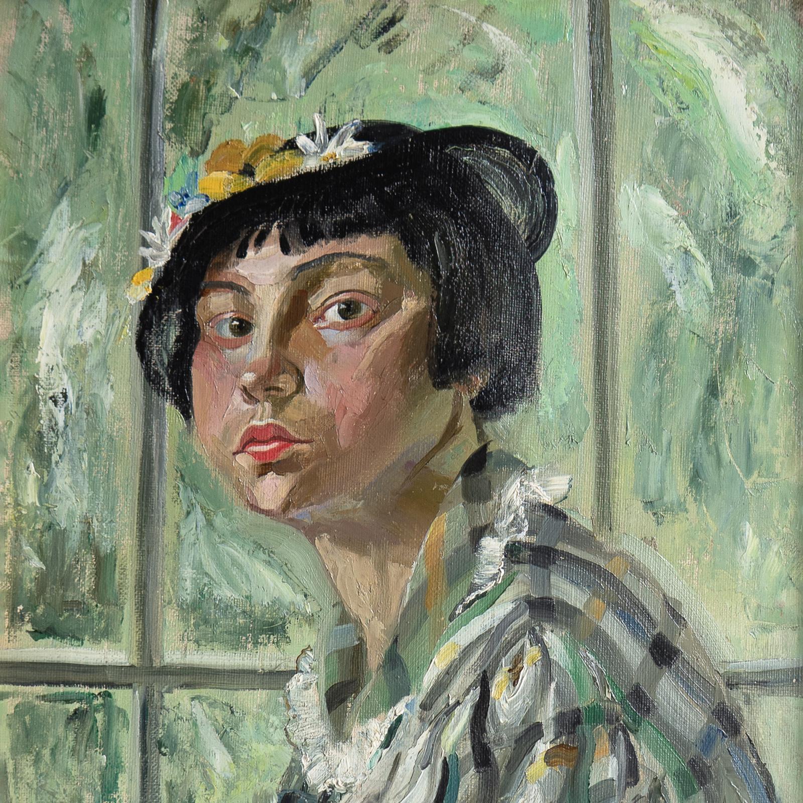 Ritratto di una donna con un bob, pittura a olio originale d'epoca, Scozia, anni '30 1