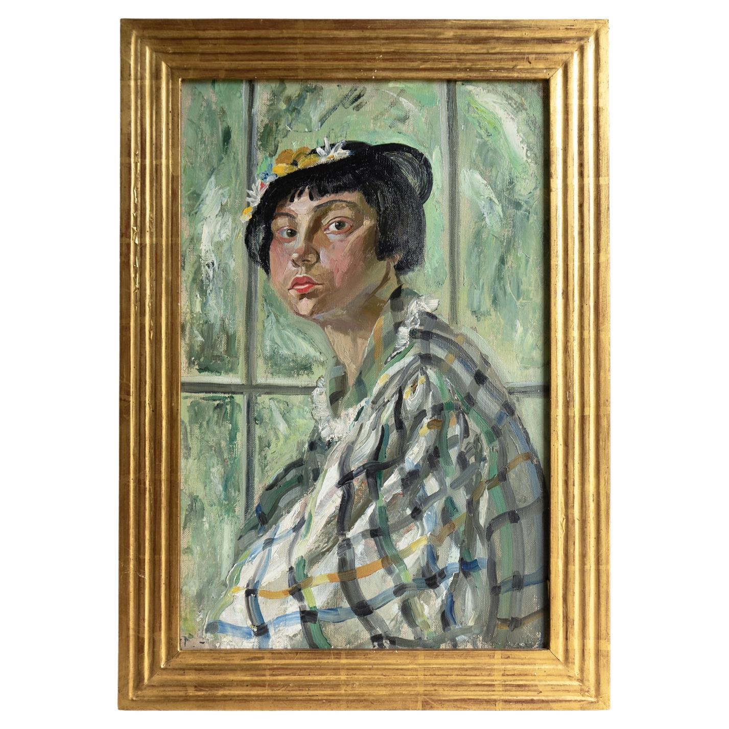 Portrait d'une femme avec un bob, peinture à l'huile originale vintage, écossaise, années 1930
