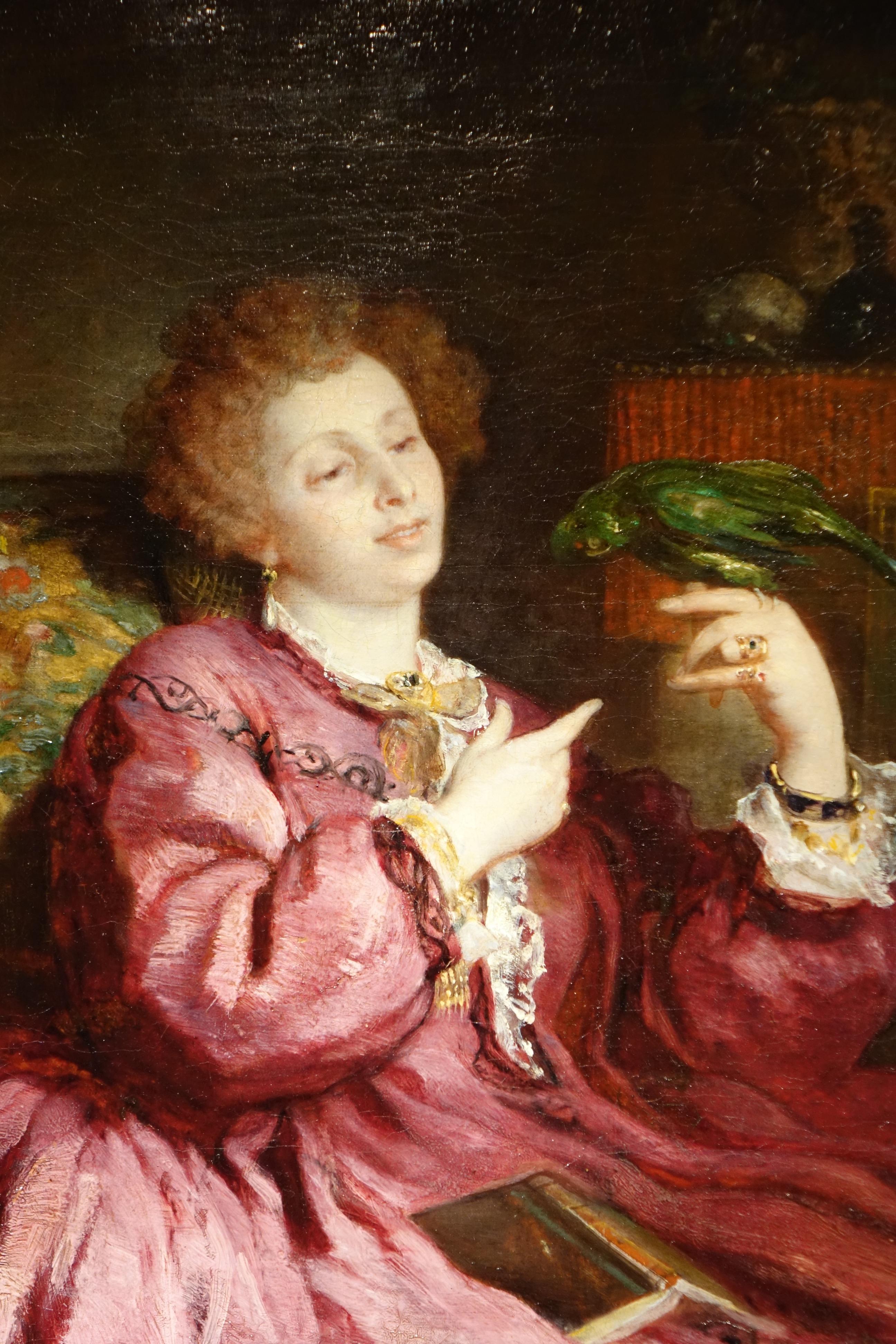 Oil on canvas representing a young woman interrupting her reading to play with her parrot, signed in left as V.de Bornschlegel.
Victor de Bornschlegel was a French painter, born in Sierck, Moselle (eastern departement) in 1820.
He was specialized