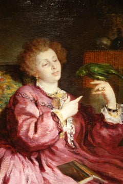Portrait of a Woman with a Parrot, Painting Signed de Bornschlegel, 19th Century