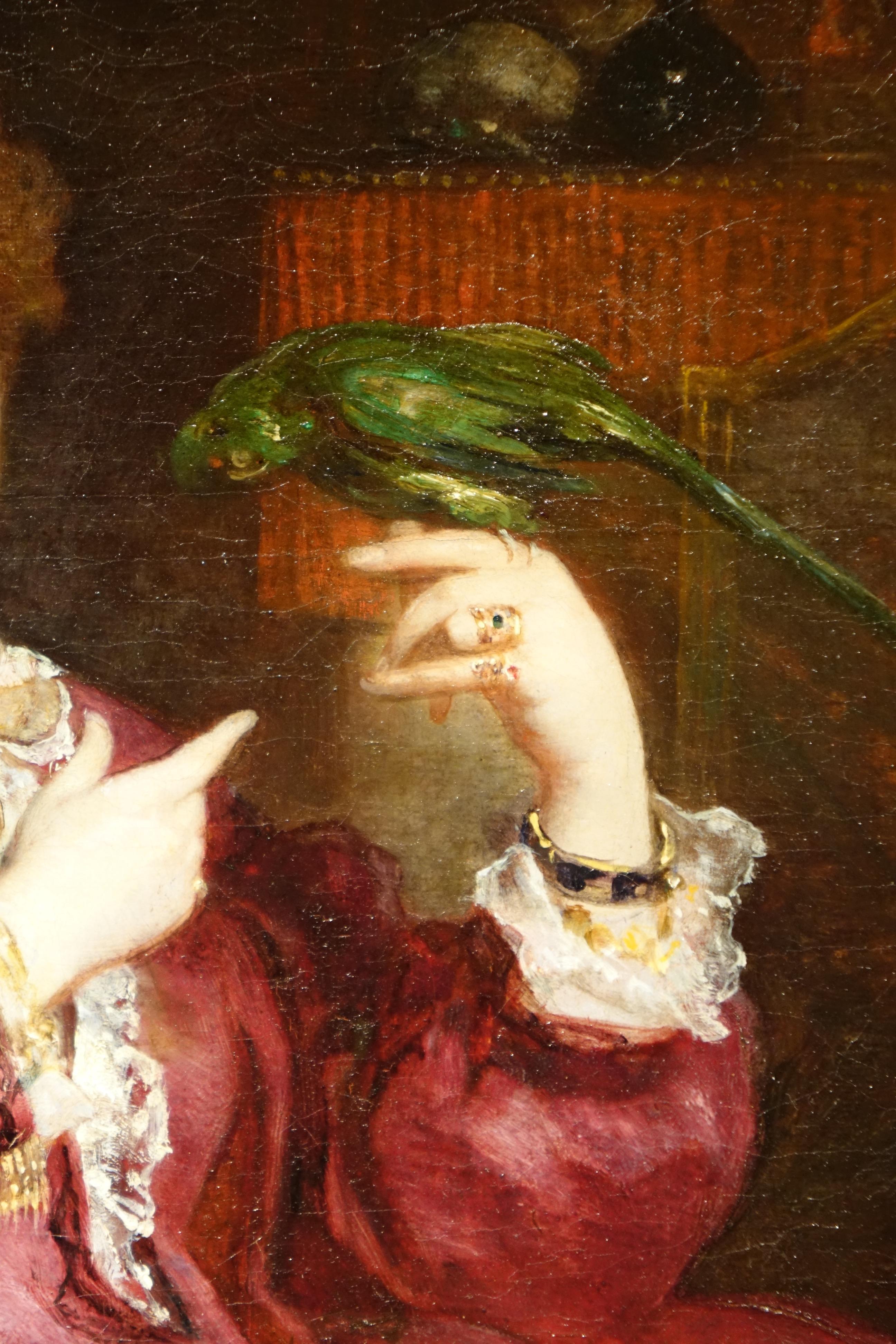 Napoleon III Portrait of a Woman with a Parrot, Painting Signed de Bornschlegel, 19th Century For Sale