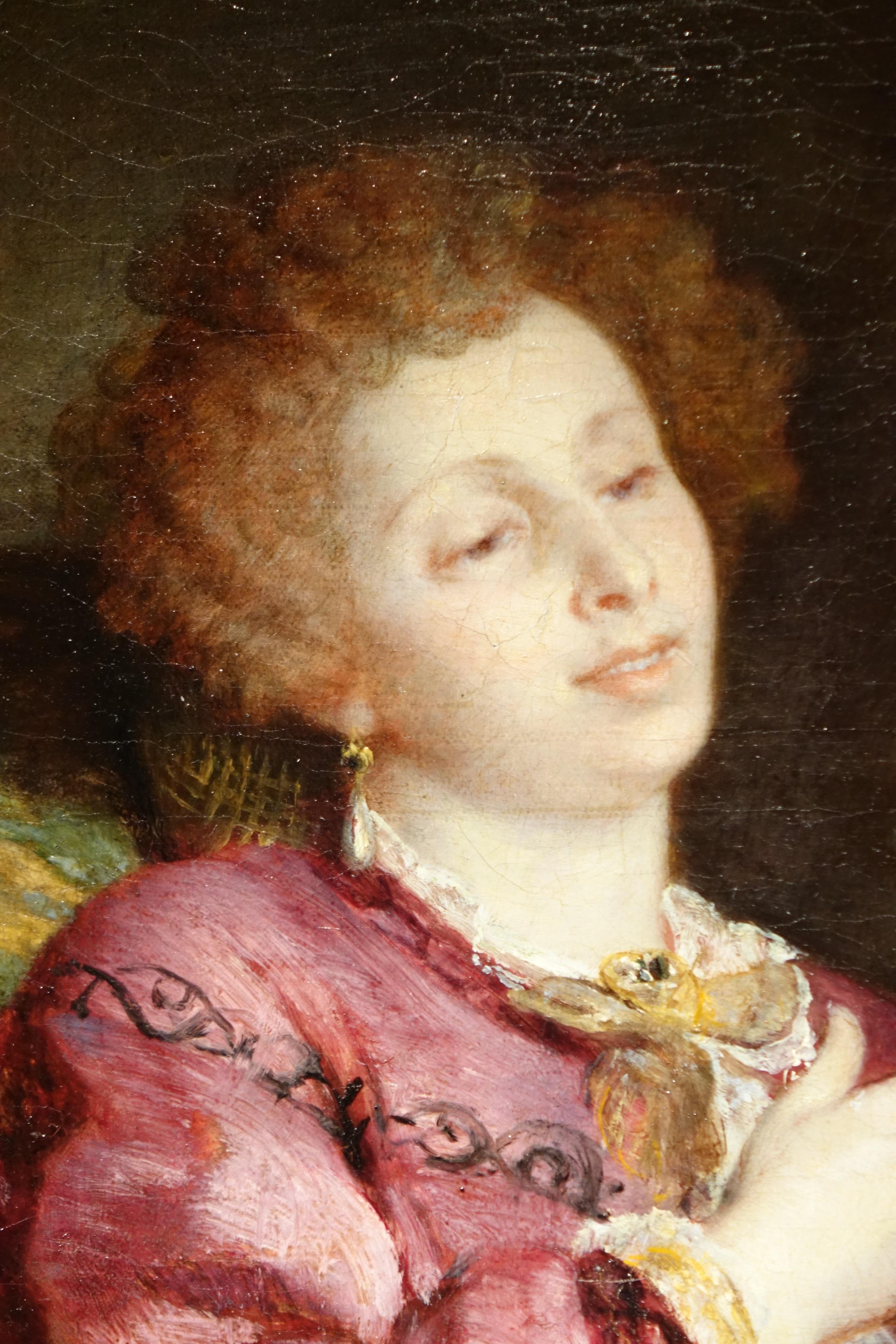 French Portrait of a Woman with a Parrot, Painting Signed de Bornschlegel, 19th Century For Sale