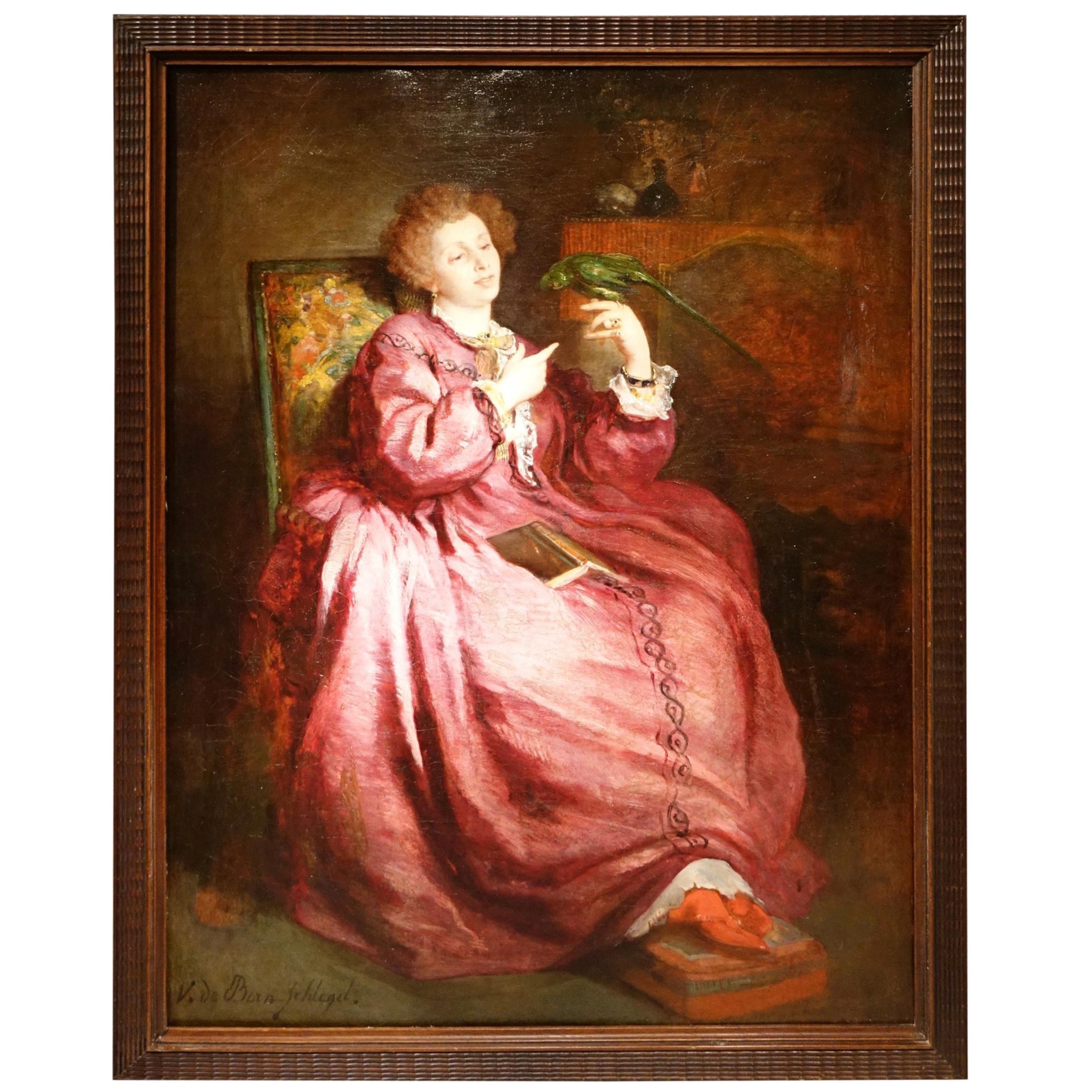 Portrait of a Woman with a Parrot, Painting Signed de Bornschlegel, 19th Century For Sale