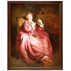 Portrait of a Woman with a Parrot, Painting Signed de Bornschlegel, 19th Century