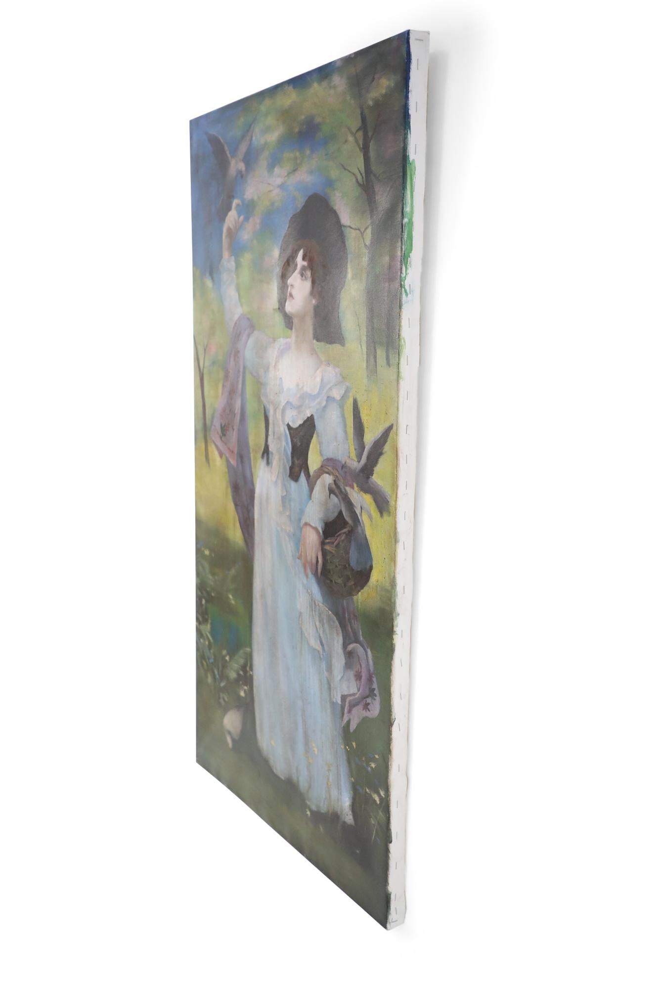 Ungerahmtes Vintage-Gemälde (20. Jahrhundert) einer Frau in weißem Kleid und lilafarbenem Schal in einer natürlichen Umgebung, mit einem Korb auf einem Arm und einem Vogel auf der gegenüberliegenden, erhobenen Hand, gemalt auf Keilrahmen.