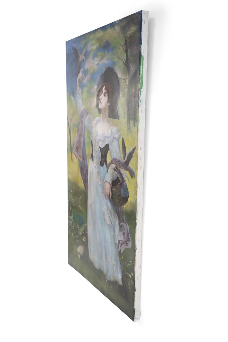 Portrait of a Woman with Bird Painting on Canvas For Sale at 1stDibs