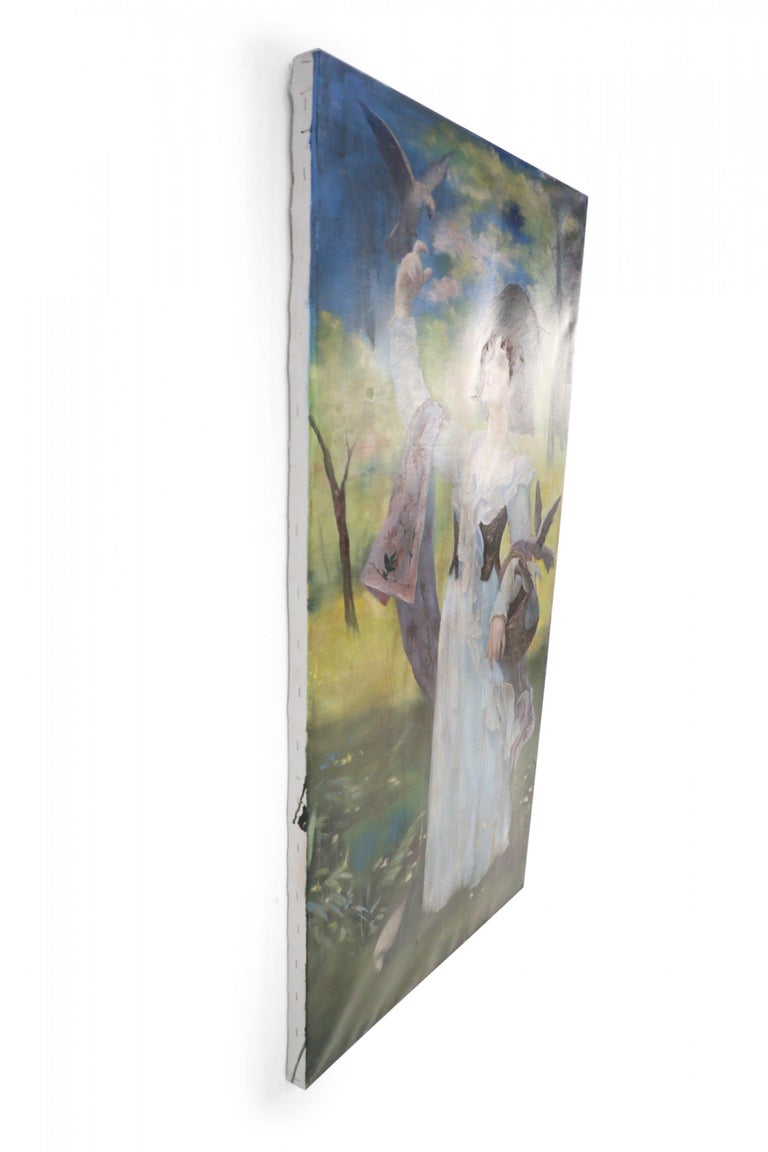 Portrait of a Woman with Bird Painting on Canvas For Sale at 1stDibs