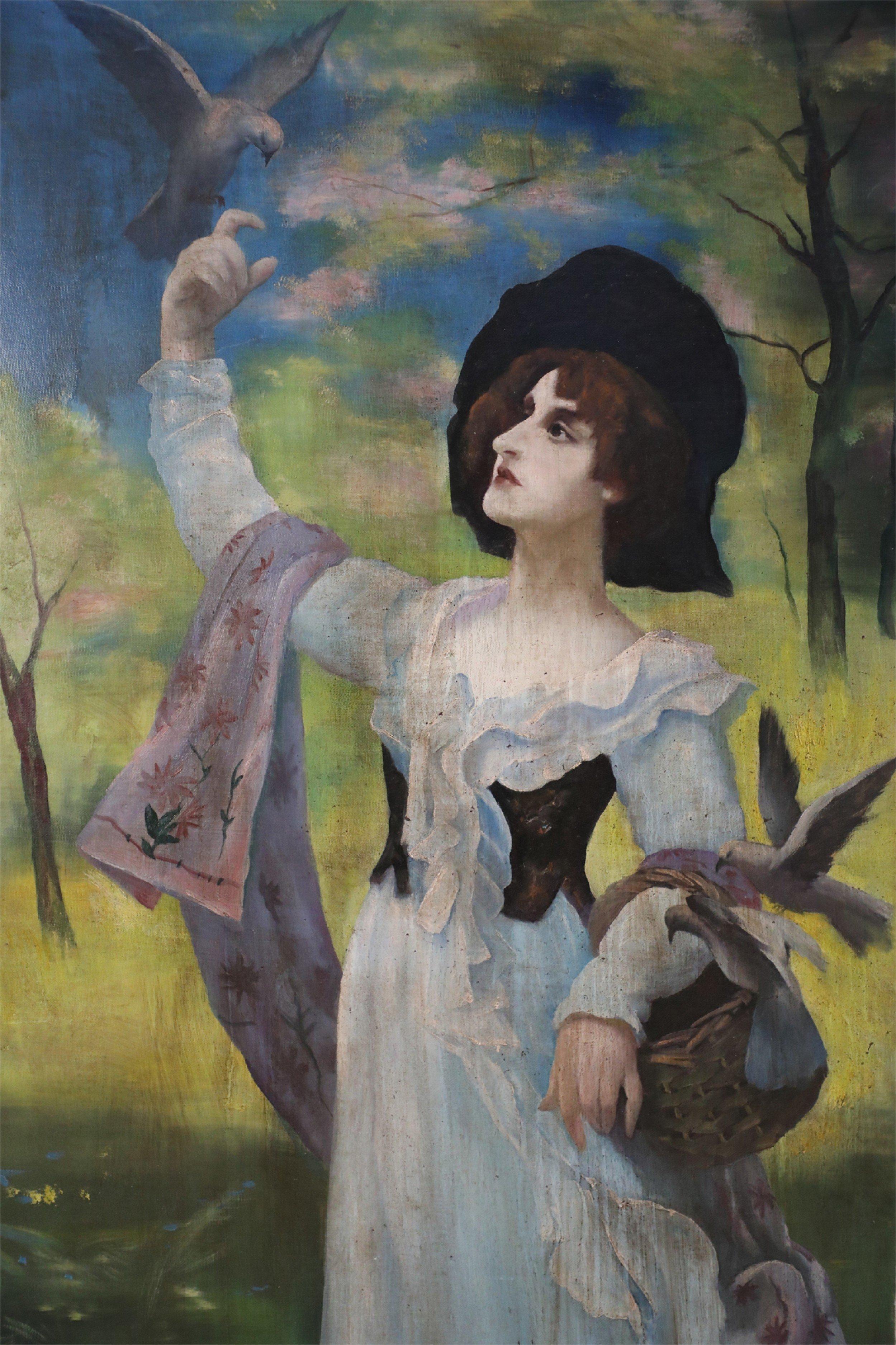 American Portrait of a Woman with Bird Painting on Canvas For Sale