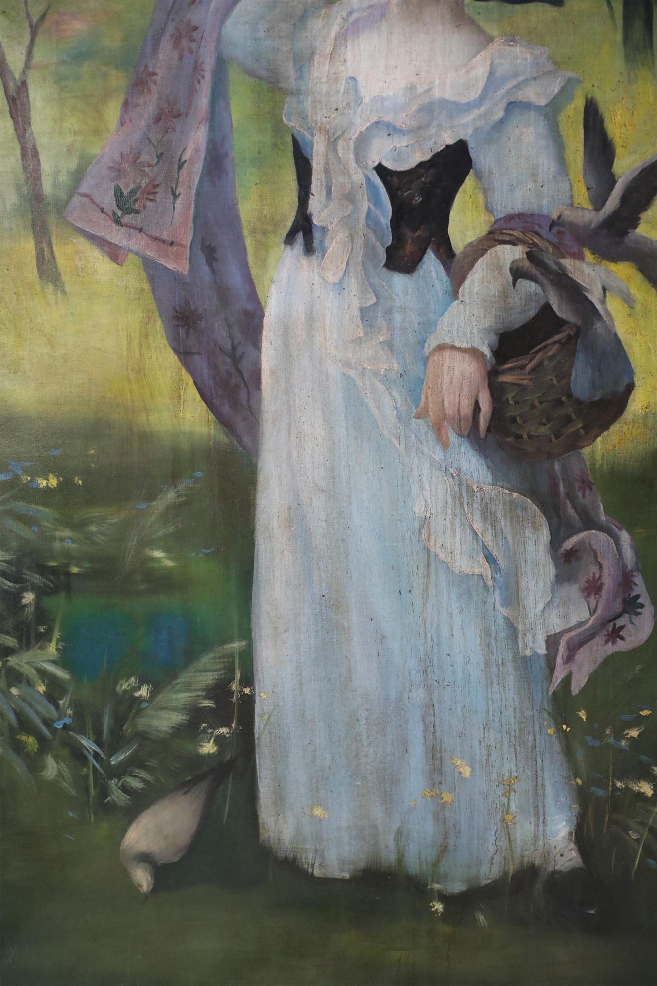 Porträt einer Frau mit Vogel, Gemälde auf Leinwand (Geölt) im Angebot
