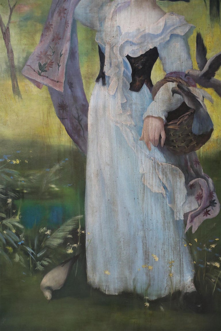 Portrait of a Woman with Bird Painting on Canvas For Sale at 1stDibs