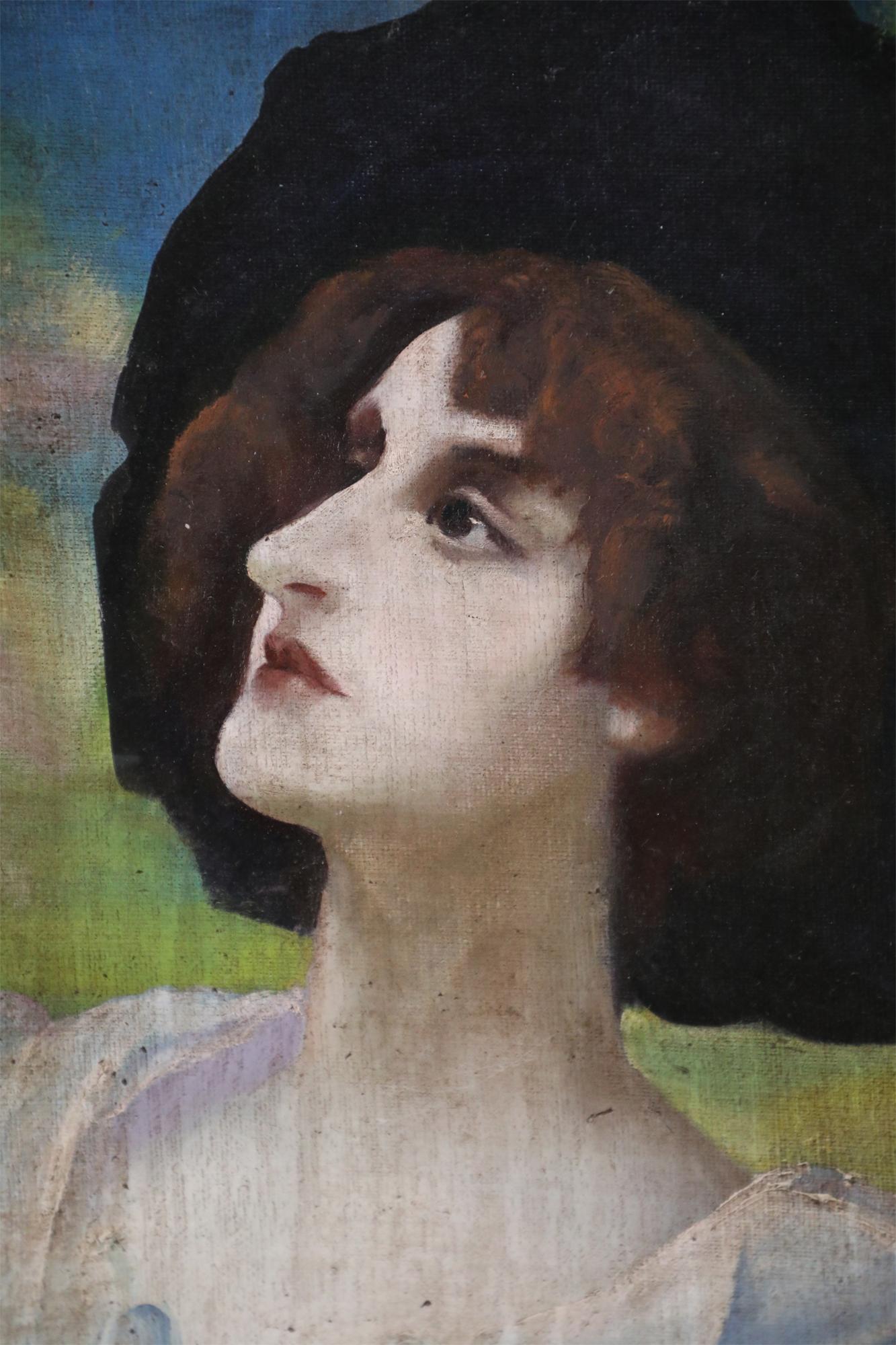 Mid-Century Modern Portrait of a Woman with Bird Painting on Canvas For Sale