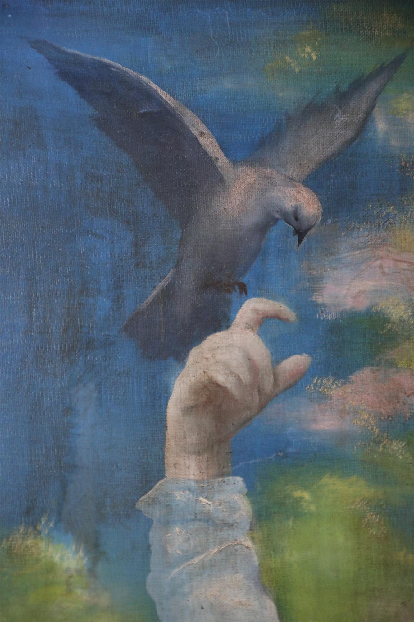 Porträt einer Frau mit Vogel, Gemälde auf Leinwand (20. Jahrhundert) im Angebot