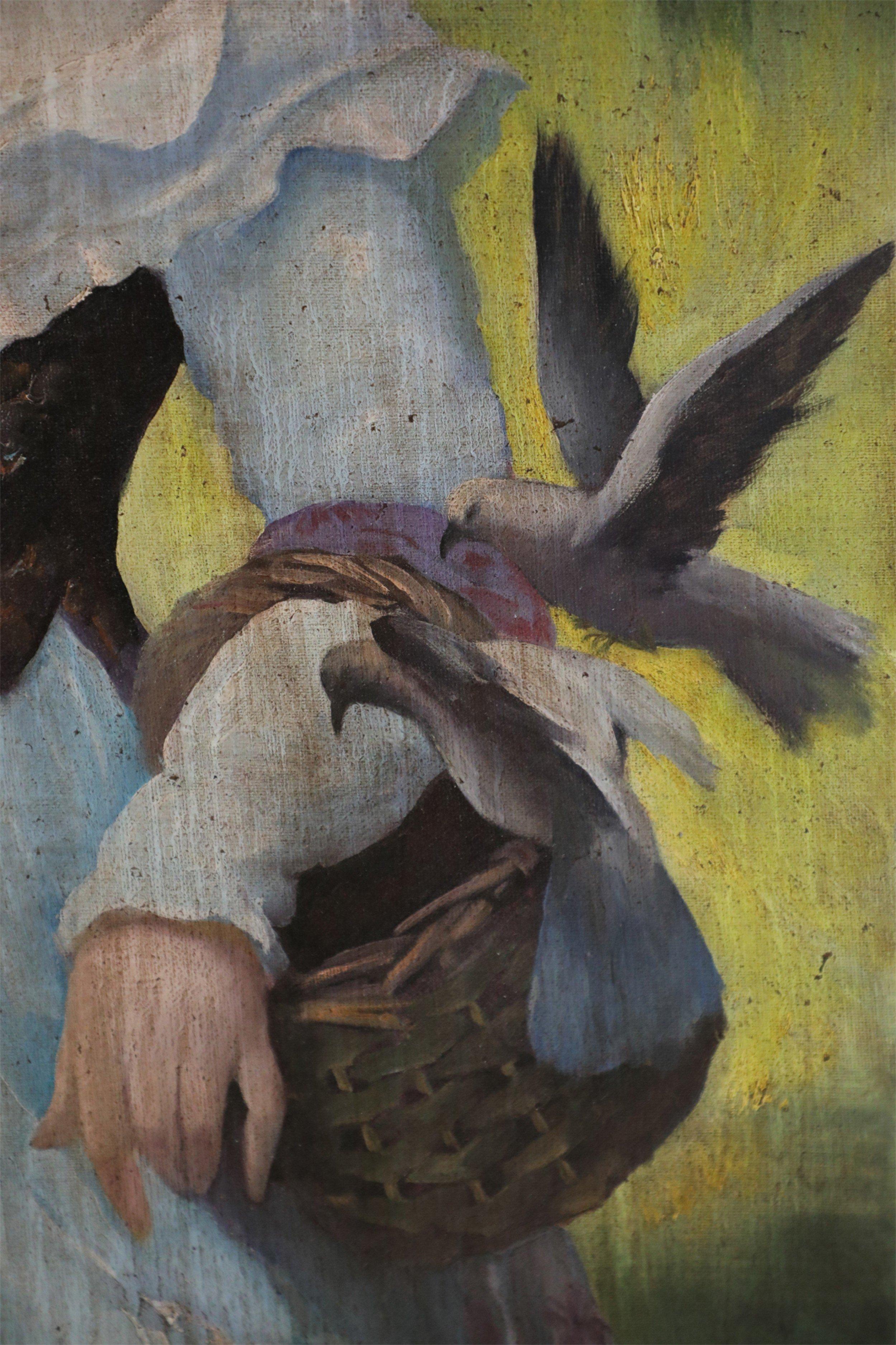 Oiled Portrait of a Woman with Bird Painting on Canvas For Sale