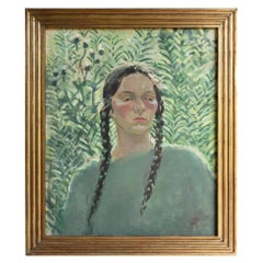 Retrato De Mujer Con El Pelo Trenzado, Pintura Al Óleo Original Vintage, Escocesa