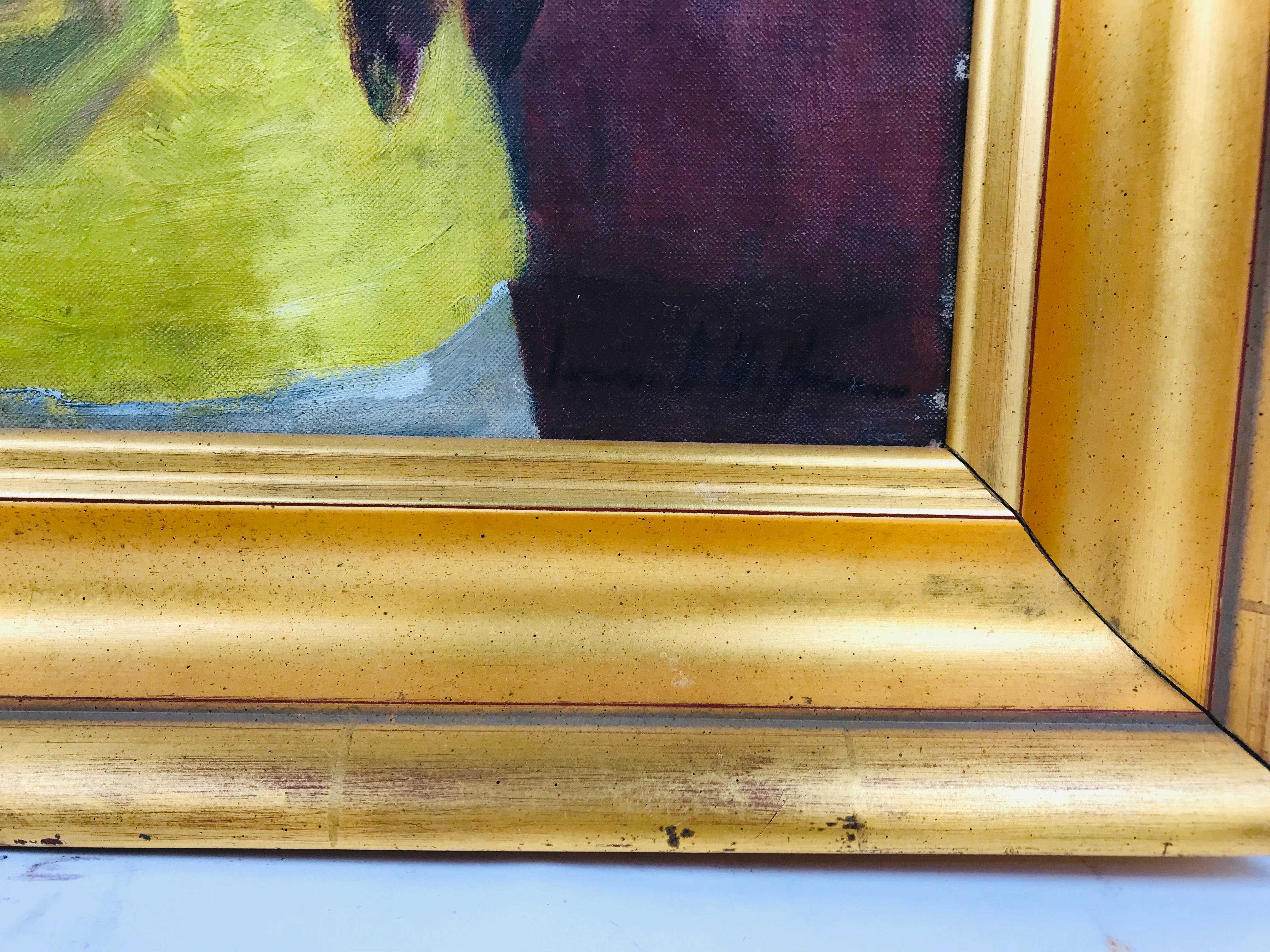 A lovely oil on canvas by listed artist Irwin D. Hoffman (1901-1989) depicting a prominently dressed women adorned in a bright yellow sleeveless blouse. She is both strong and soft. With the brightly colored focal points and polished golden frame