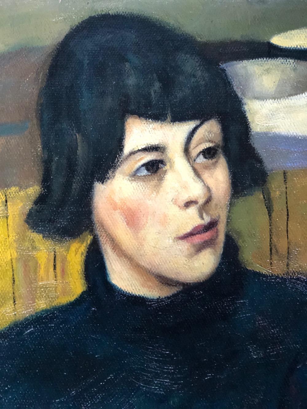 A striking portrait of a young woman by Alfred Aaron Wolmark executed in the 1930s in oil on canvas.
Uncomprimisily set in a domestic interior Wolmark captures the sitters pose with hints of fauvist pink and yellow, also using heavier brushmarks in