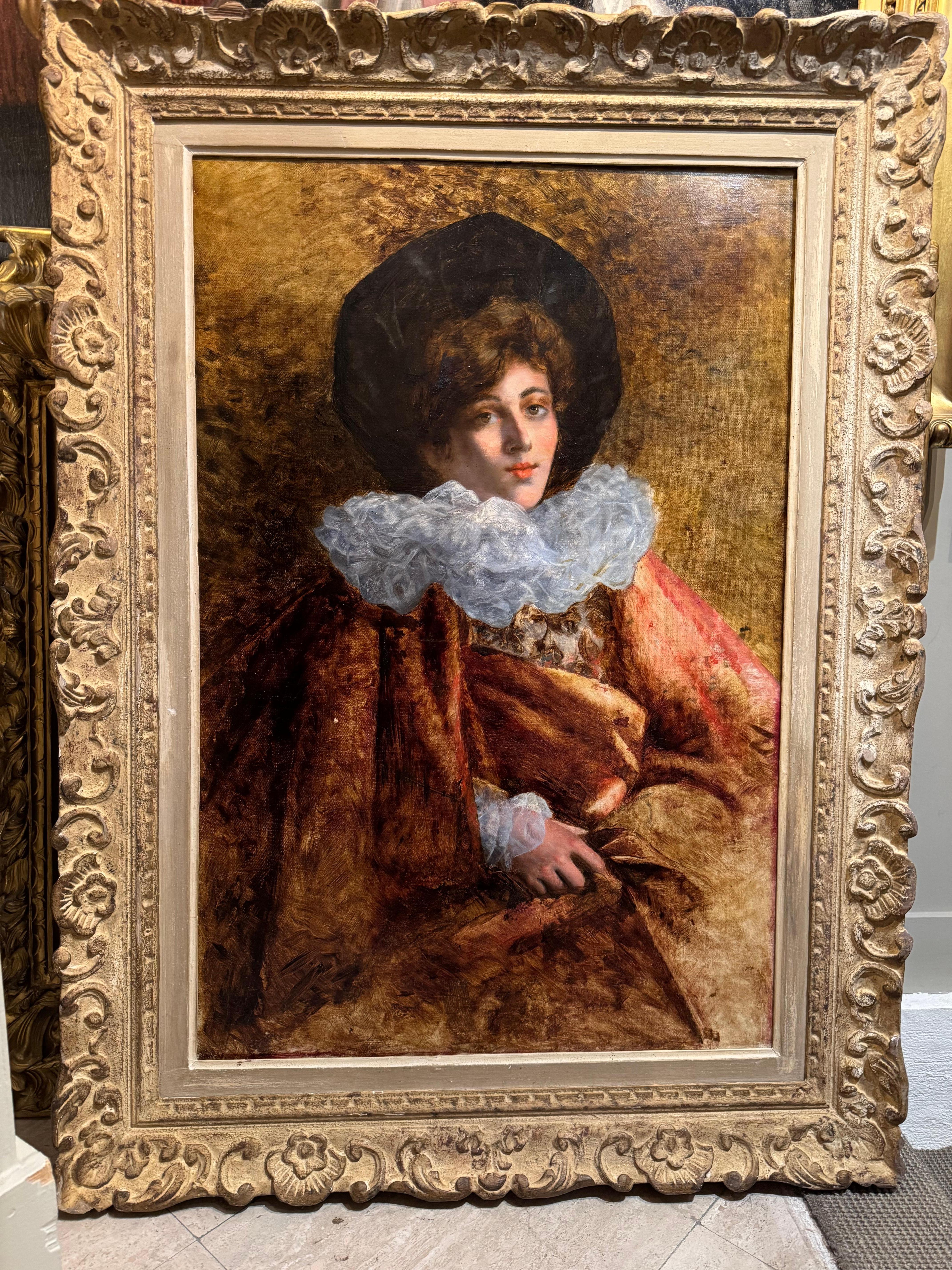 Oil on canvas undoubtedly portraying a young theatre actress.
Signed upper right ‘de Cailleux’, 2nd half of the 19th c.
Alphonse de Cailleux, painter, deputy director of the Louvre museum in Paris in 1836, then director general of fine arts, and