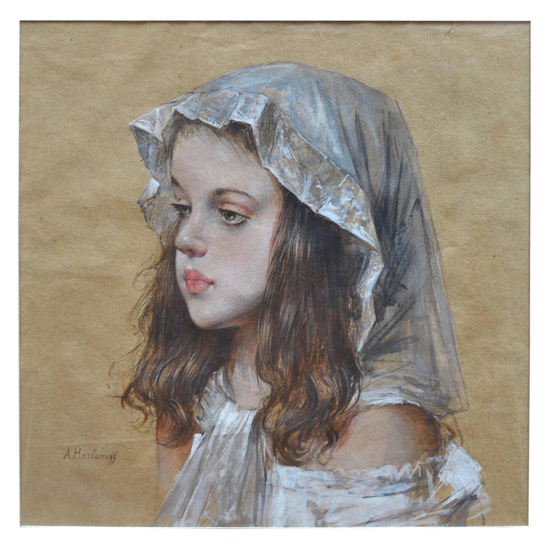 Portrait of a young Russian or French girl executed in charcoal and gouache on paper. Harlamoff was most renowned for his masterful portraits of young girls of which this is a fine example, chosen for their charming and innocent beauty.
Signed