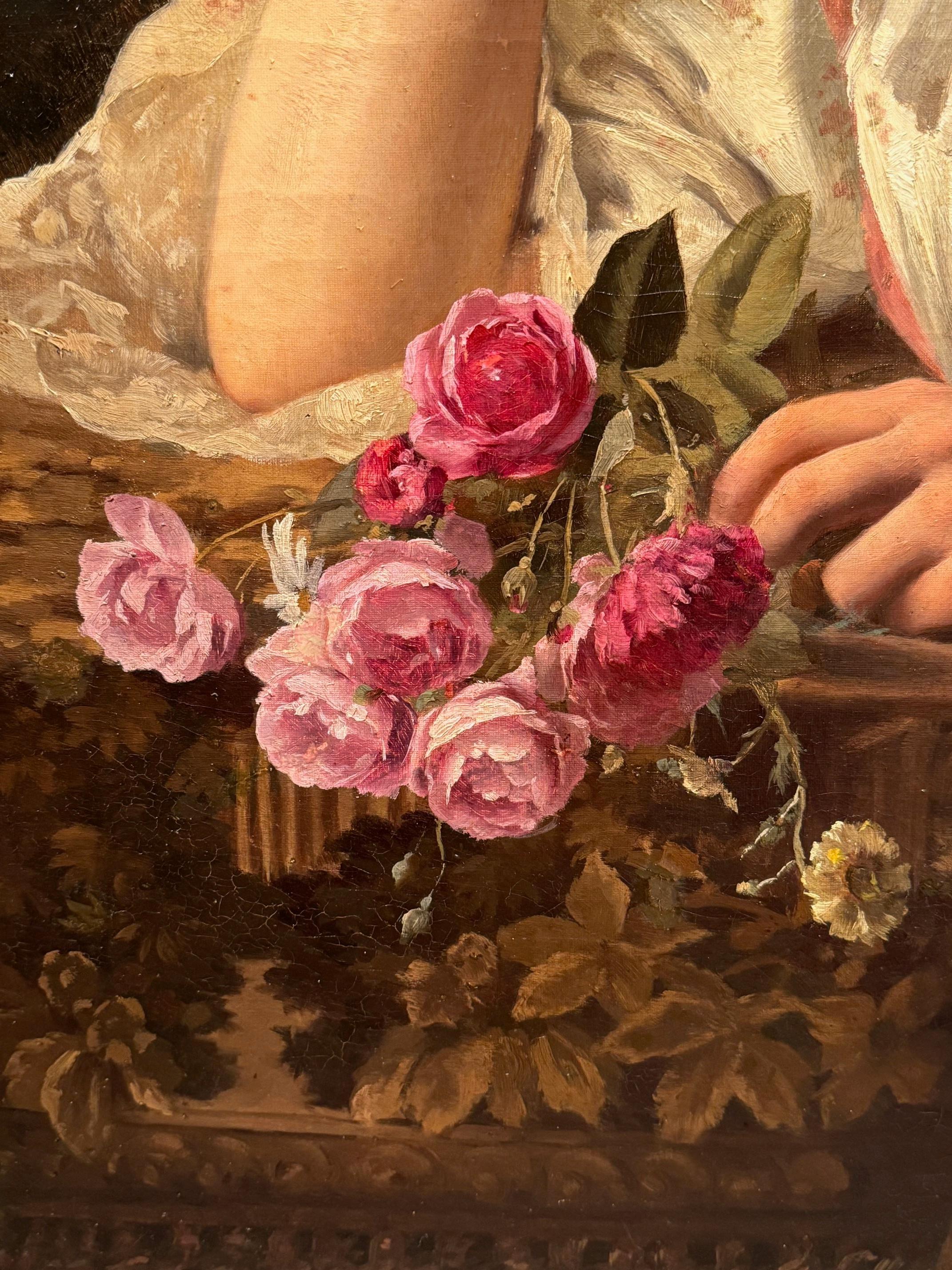 Belle Époque Portrait of a young girl with a bouquet of roses, V.HUGON, 1896 For Sale