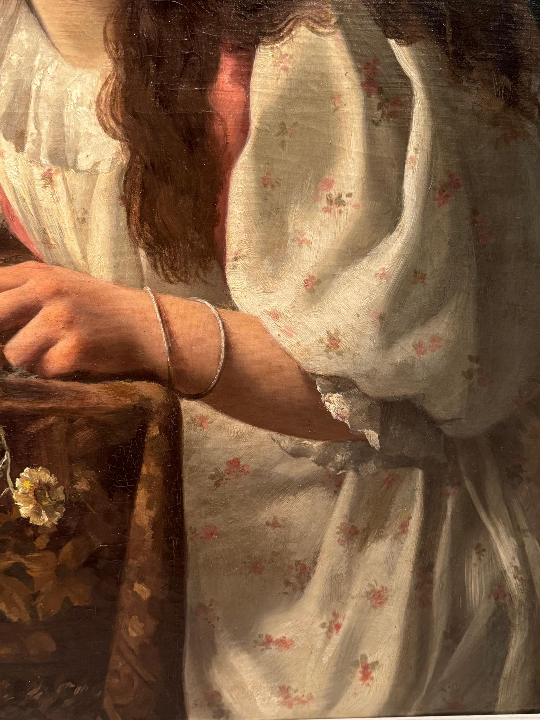 French Portrait of a young girl with a bouquet of roses, V.HUGON, 1896 For Sale