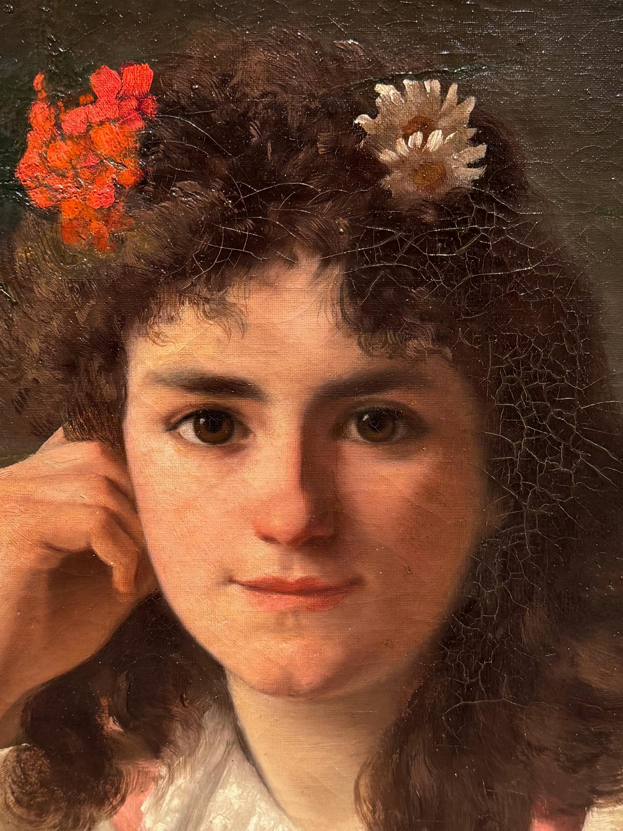 Oiled Portrait of a young girl with a bouquet of roses, V.HUGON, 1896 For Sale