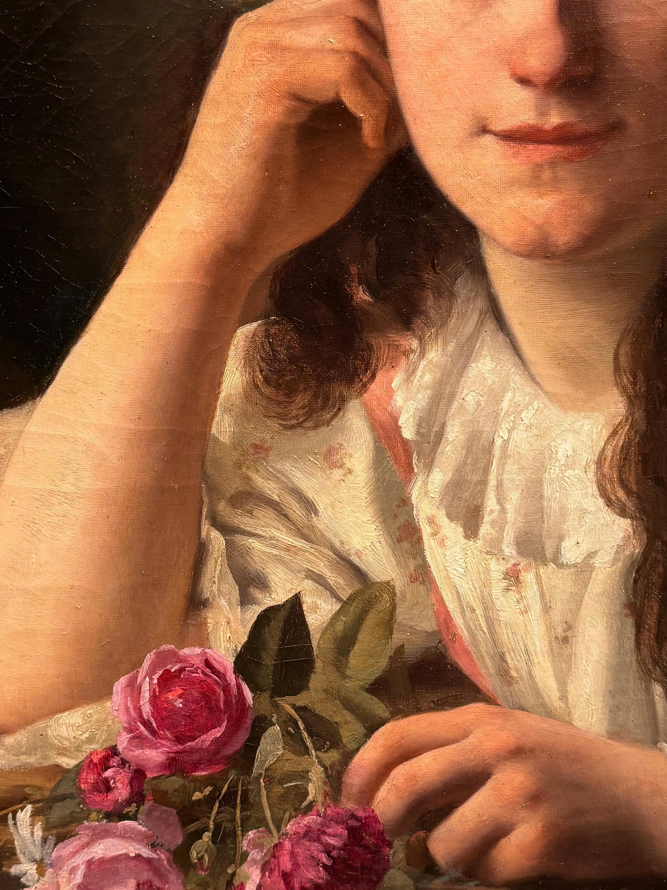 Portrait of a young girl with a bouquet of roses, V.HUGON, 1896 In Good Condition For Sale In PARIS, FR